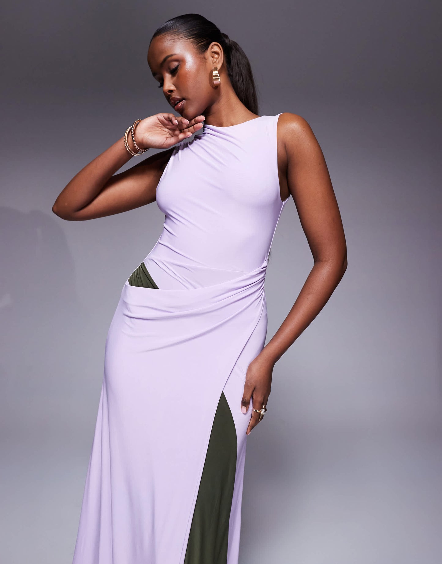 ASOS DESIGN sleeveless sarong detail maxi dress with contrast sash in lilac