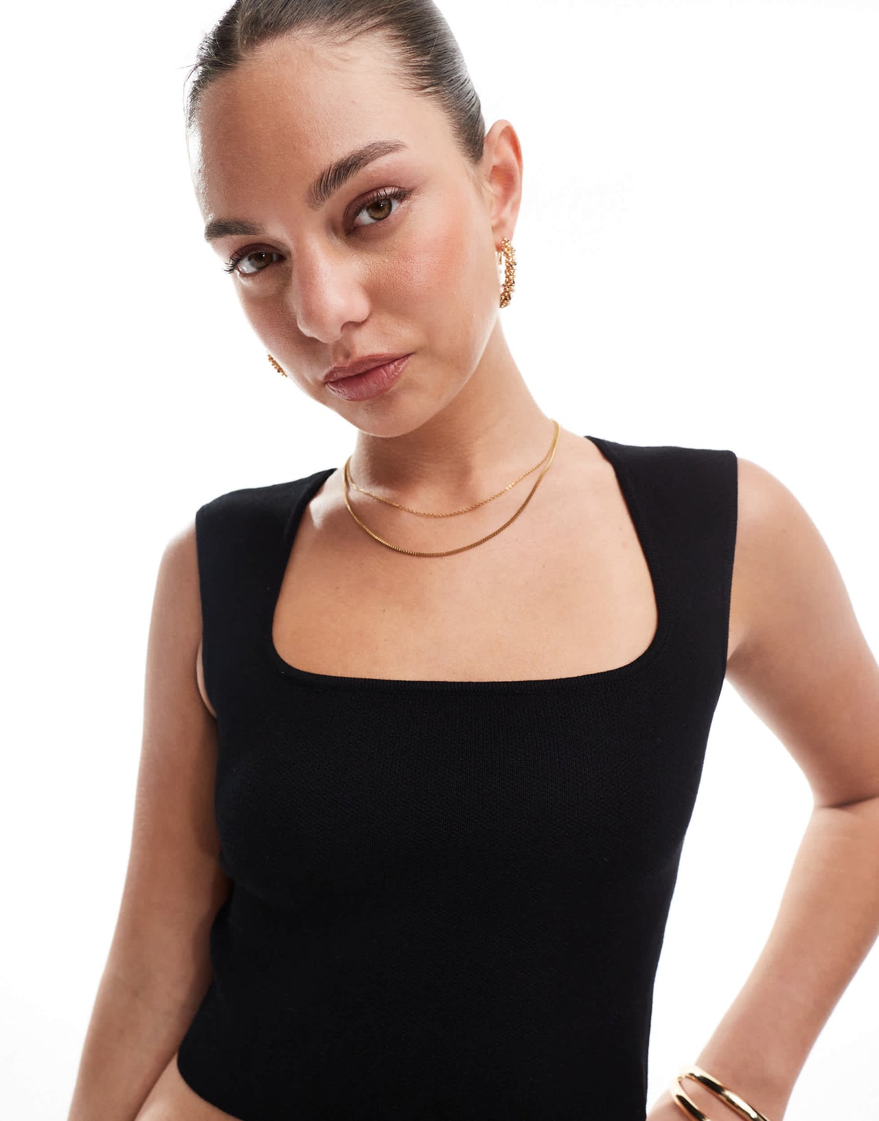 Stradivarius square neck knit crop top in black