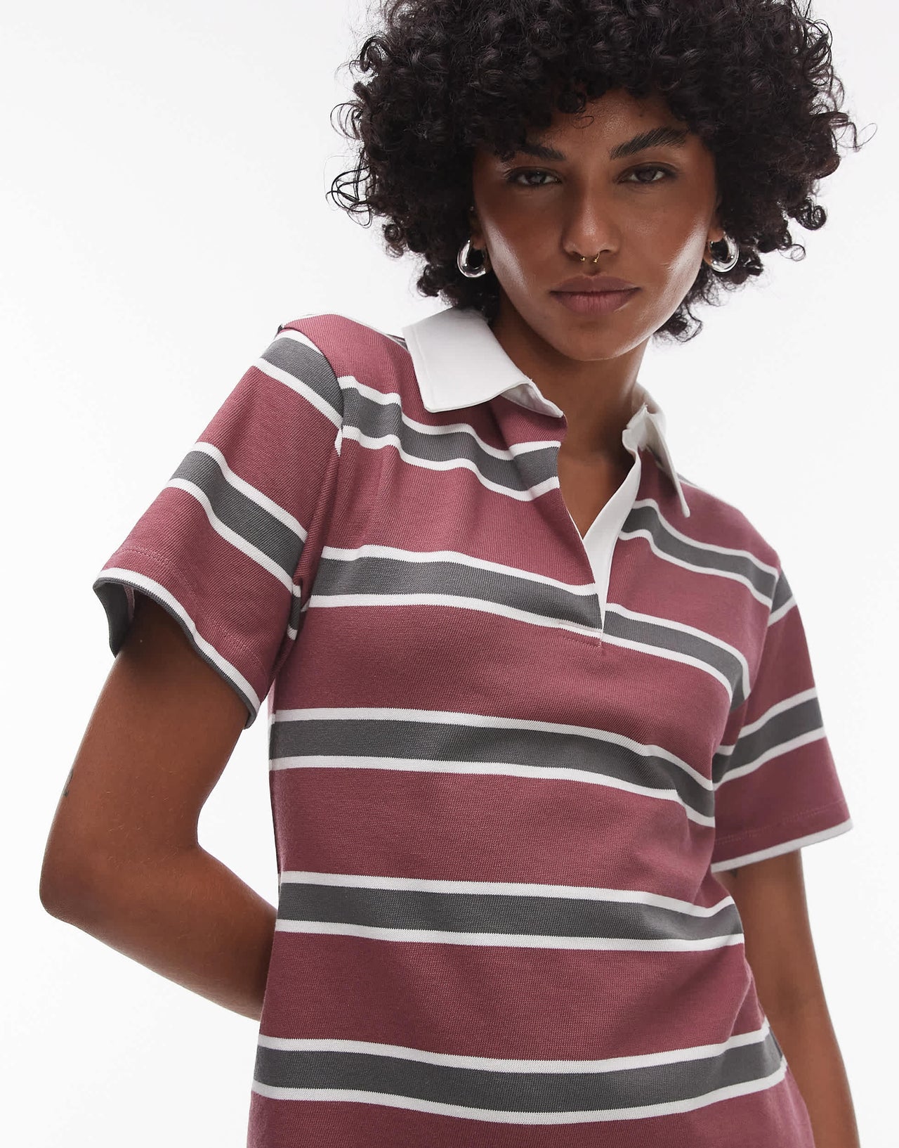Topshop jersey shrunken polo mini dress in red stripe