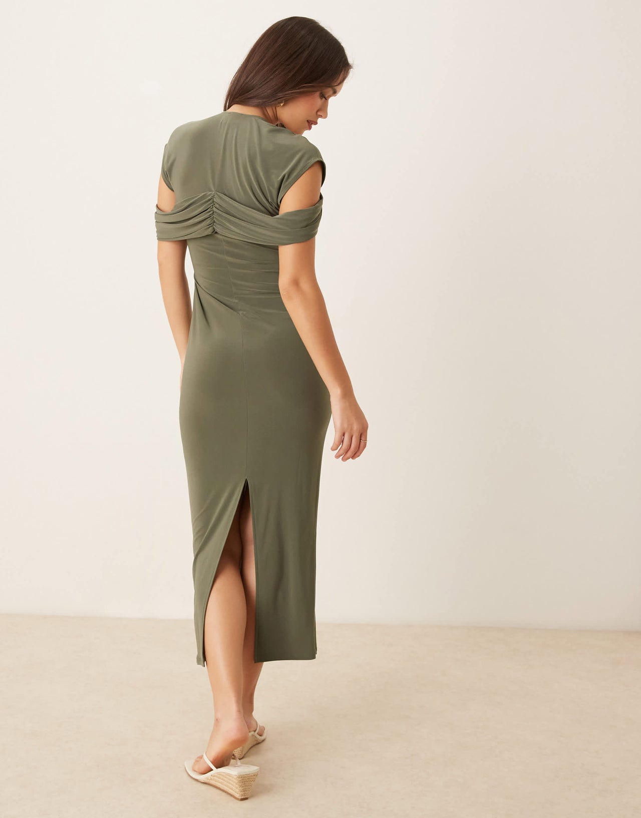 ASOS DESIGN twist shoulder midi dress in khaki