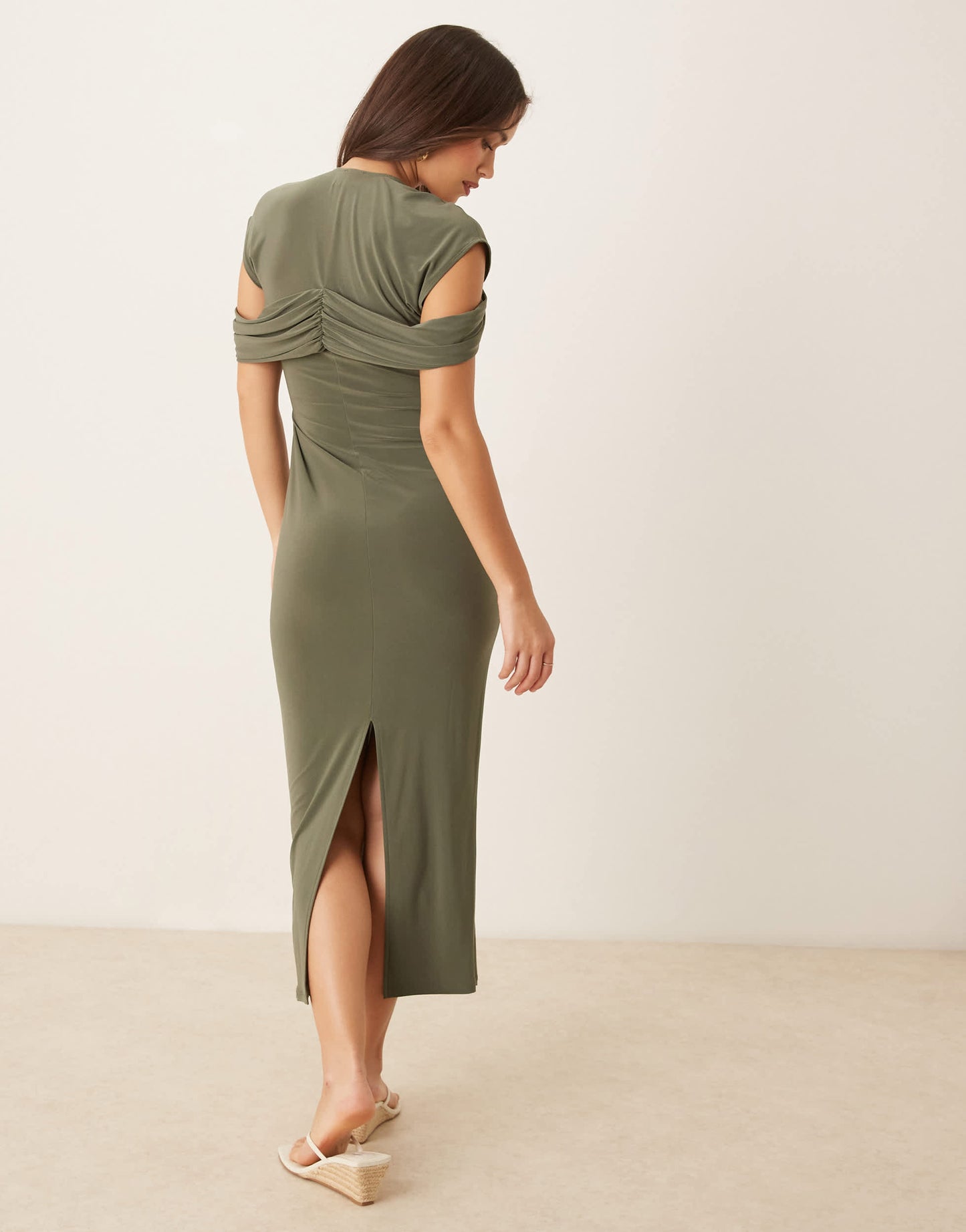 ASOS DESIGN twist shoulder midi dress in khaki