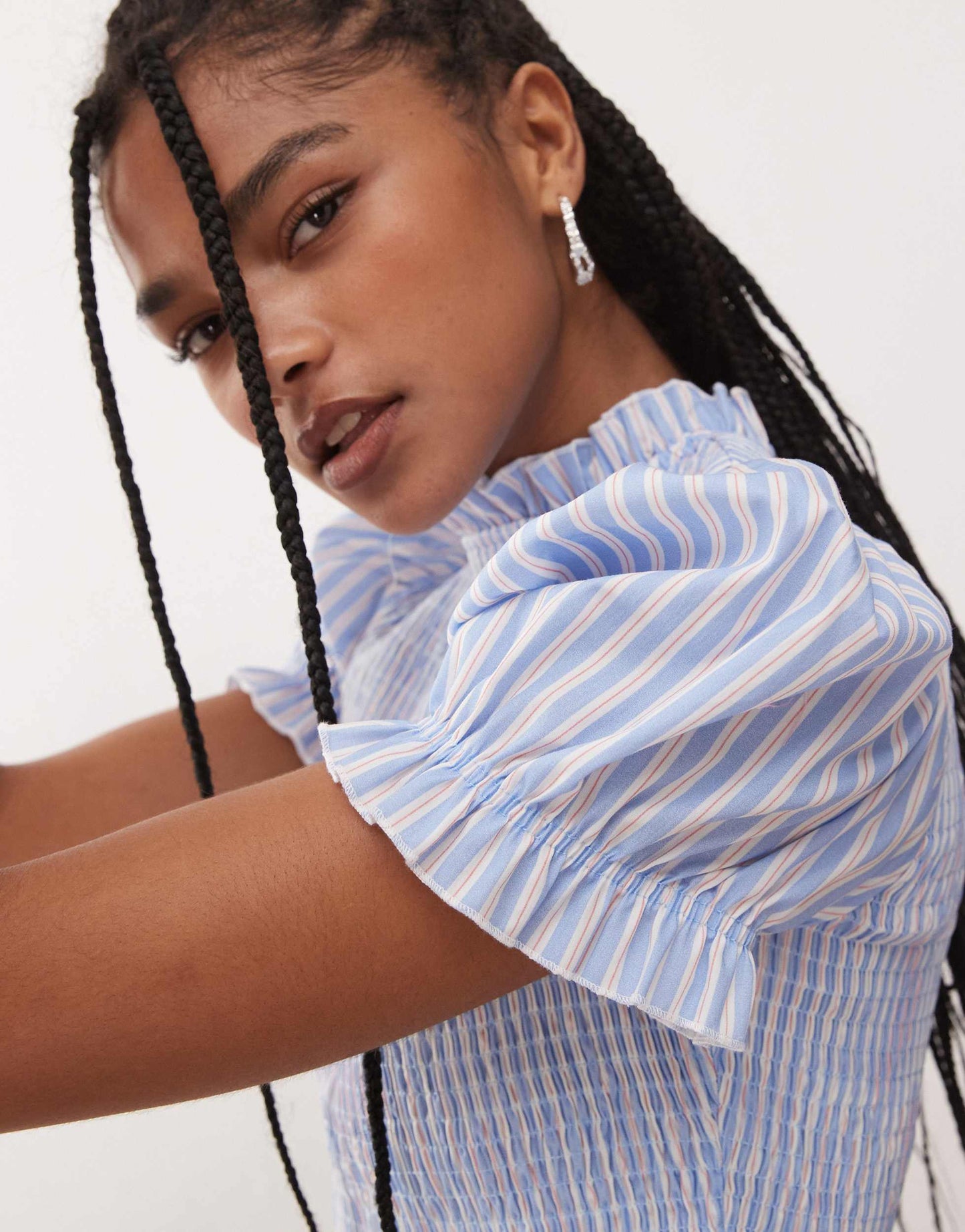 COLLUSION shirred blouse in blue and white stripe