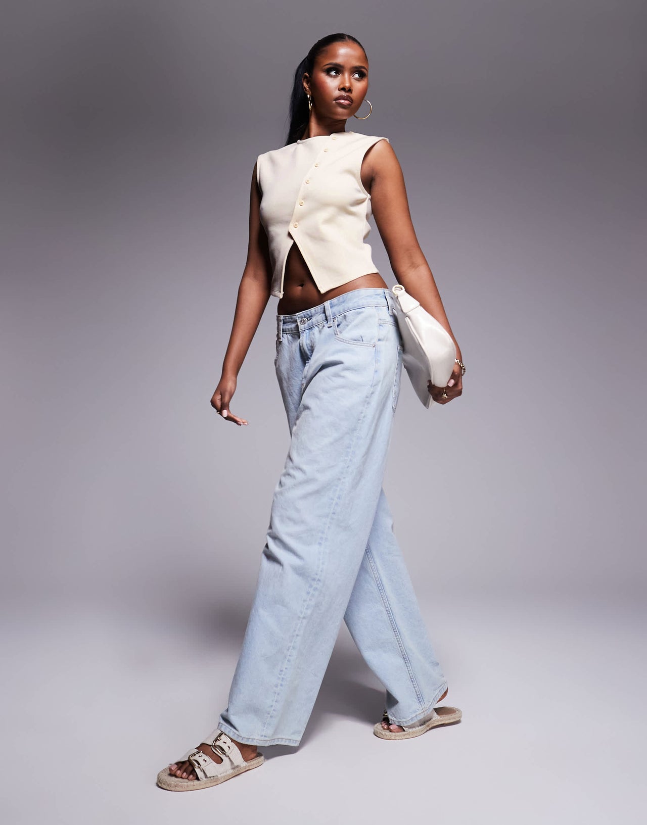 ASOS DESIGN heavyweight ponte asymmetric button through waistcoat in stone