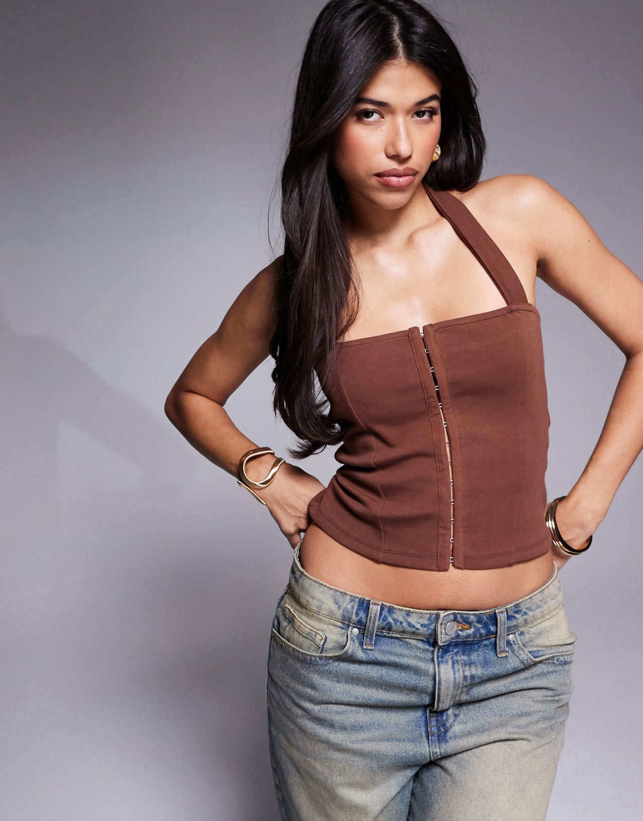 ASOS DESIGN ponte structured halter top with hook and eye in chocolate