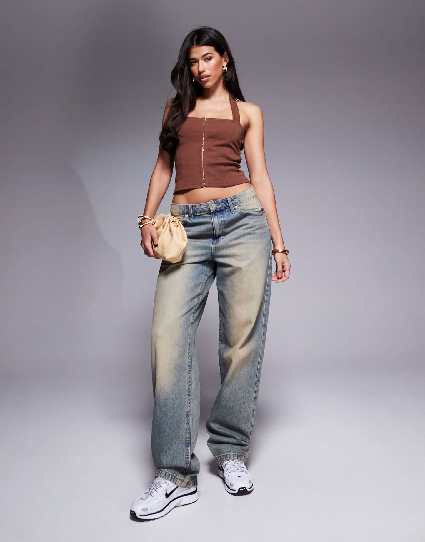 ASOS DESIGN ponte structured halter top with hook and eye in chocolate