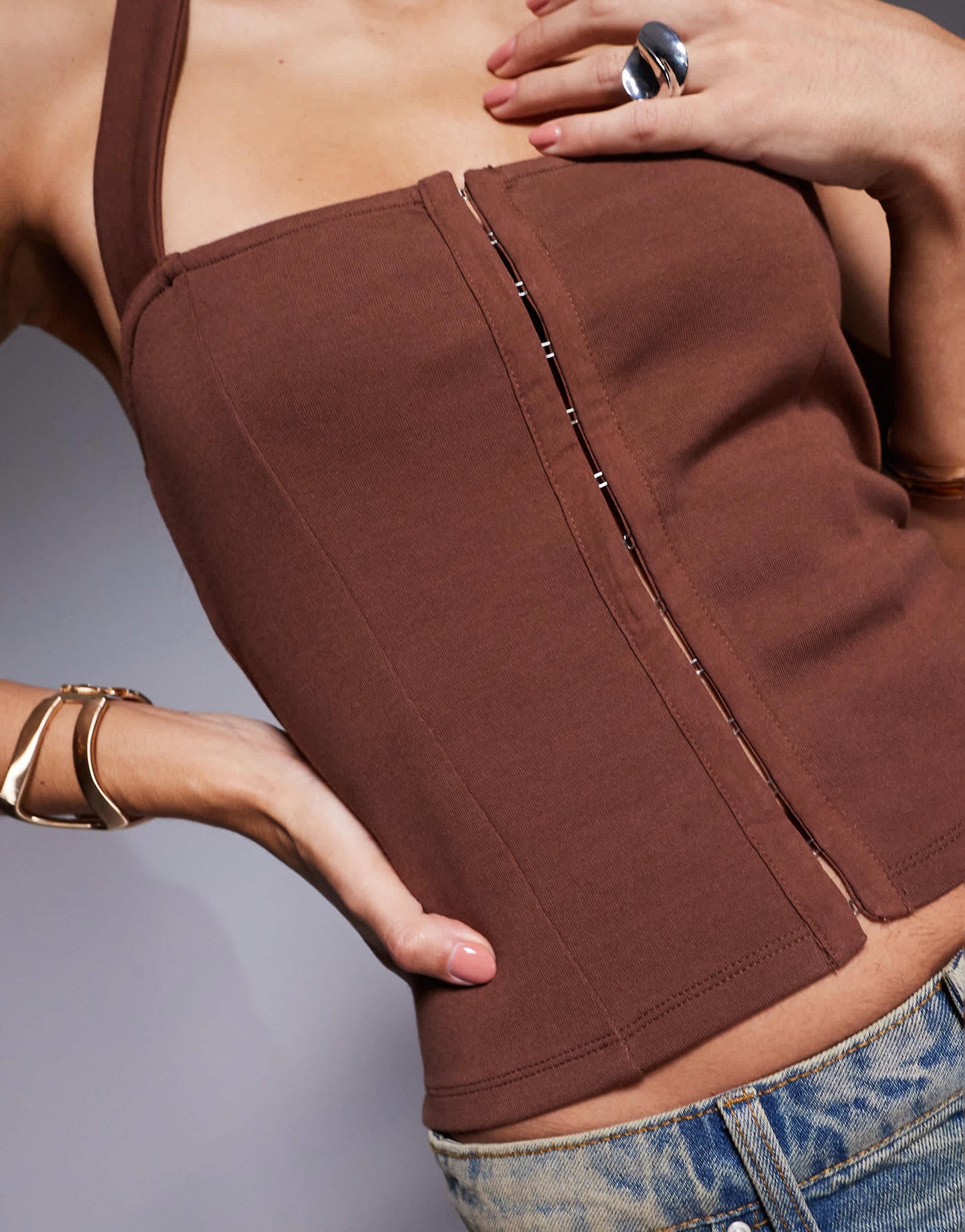 ASOS DESIGN ponte structured halter top with hook and eye in chocolate