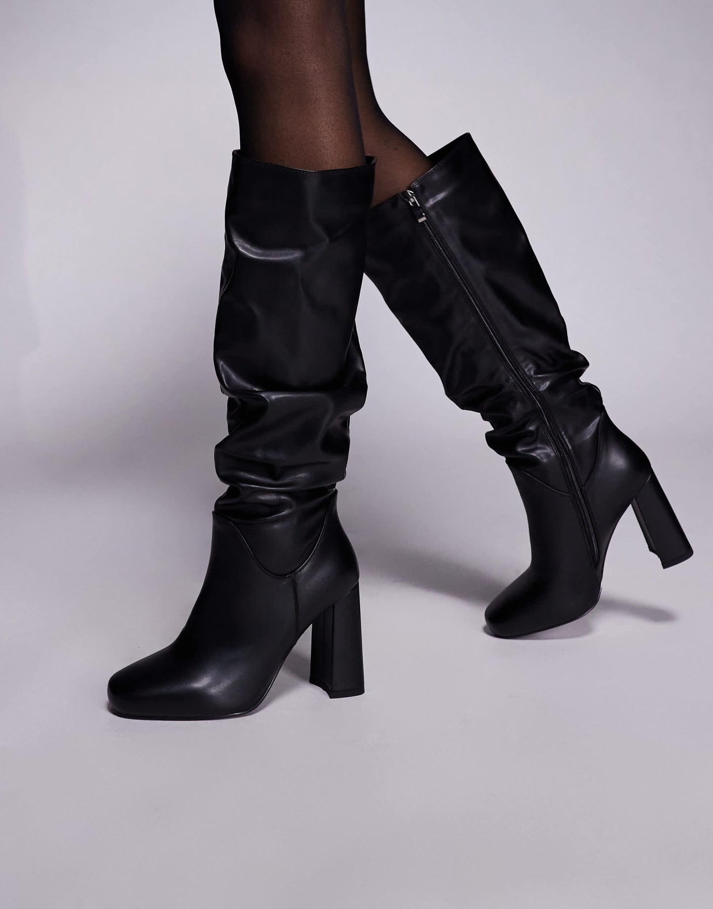 Simmi London Hanzel Wide Fit ruched block heeled knee boots in black