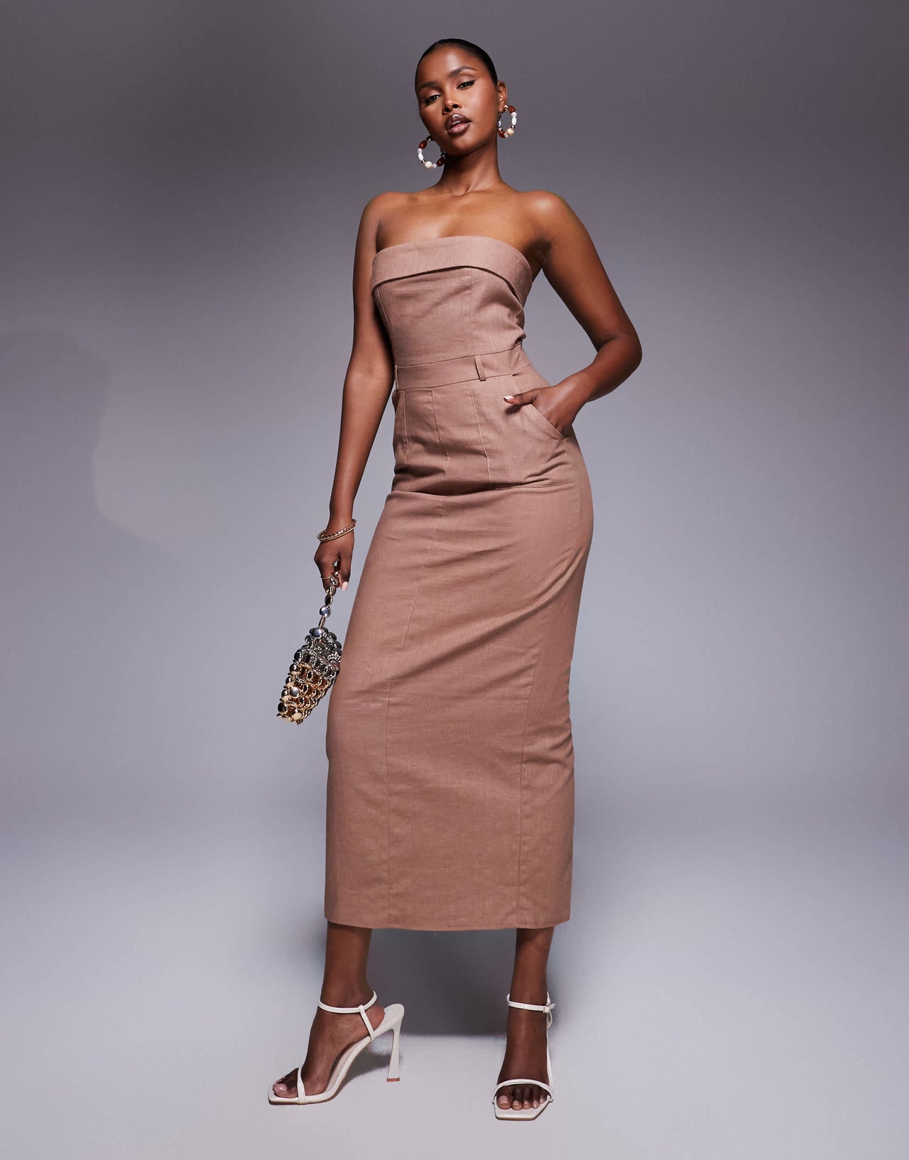 Kaiia exclusive linen tailored fold over bandeau back split maxi dress in brown