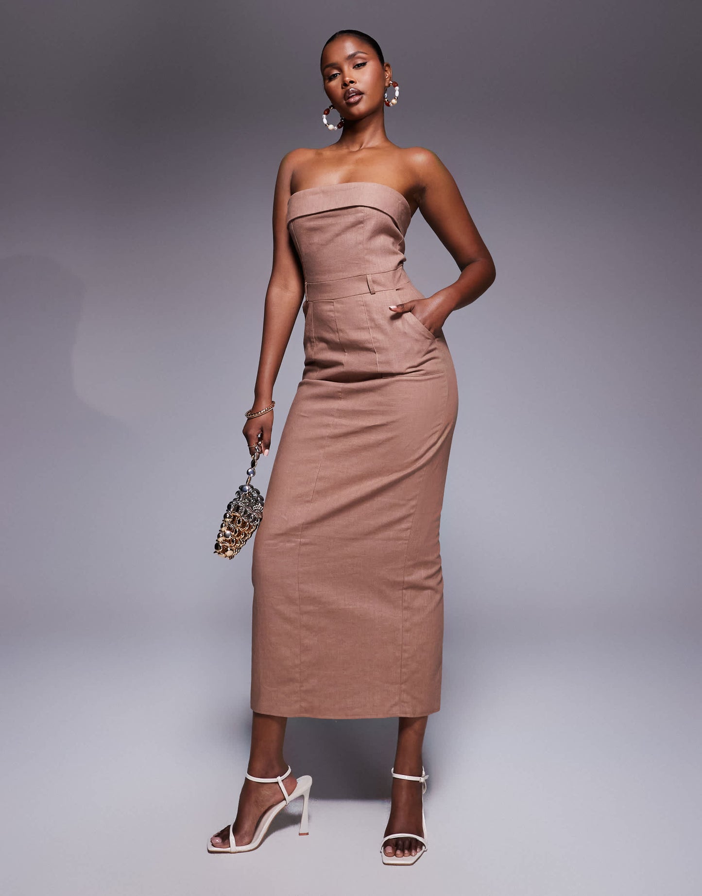 Kaiia exclusive linen tailored fold over bandeau back split maxi dress in brown