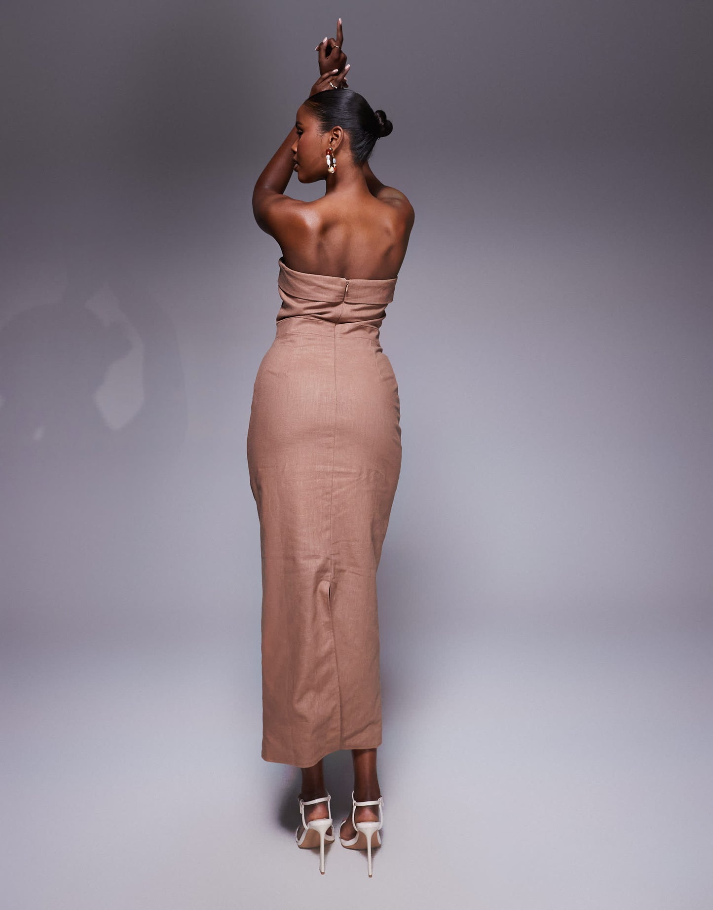 Kaiia exclusive linen tailored fold over bandeau back split maxi dress in brown