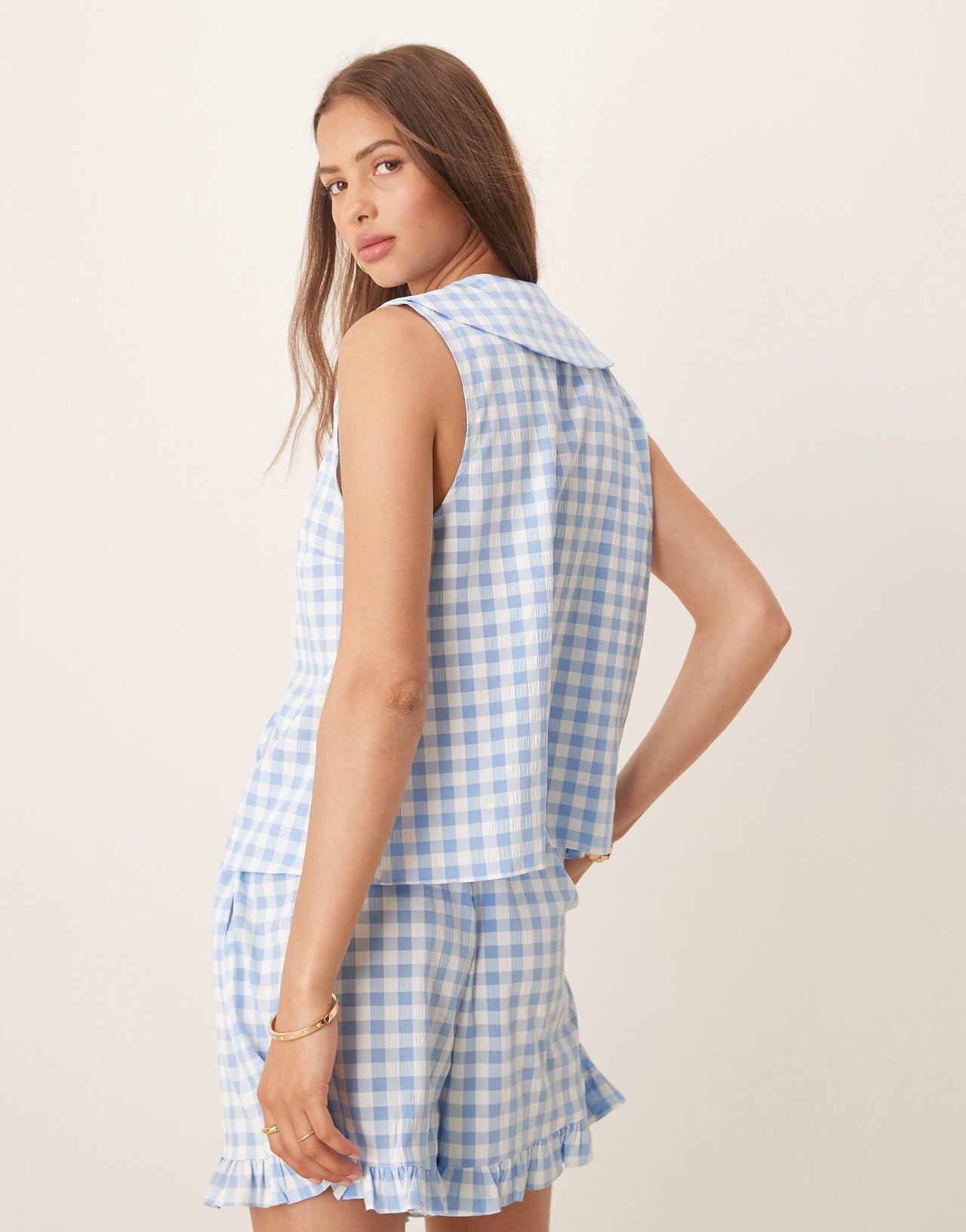 ASOS DESIGN ruffle oversized collar tank top co-ord in blue and white gingham