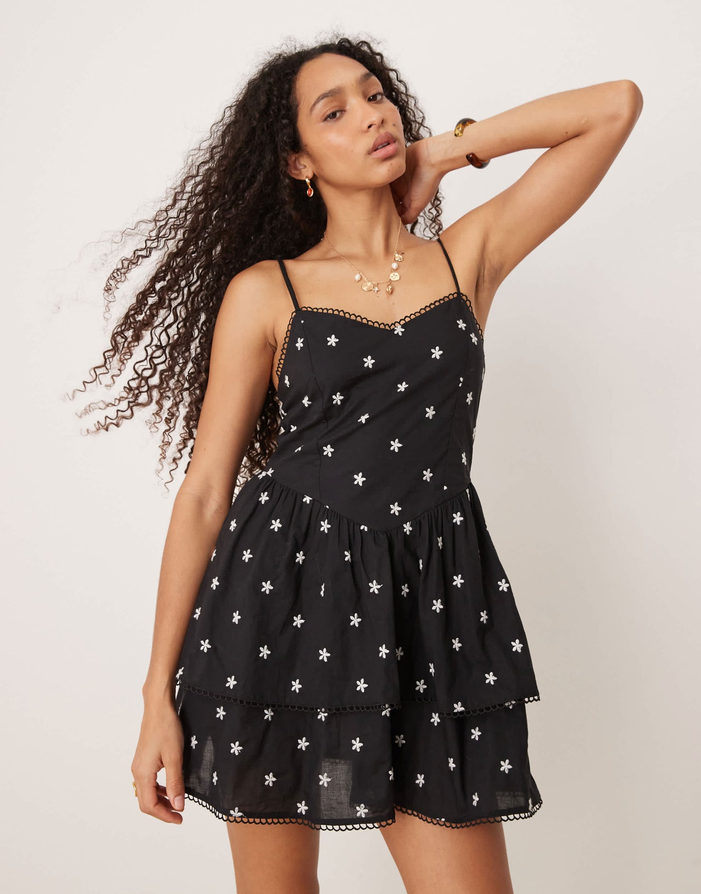Gina Tricot strappy tiered ruffle summer mini dress in black floral