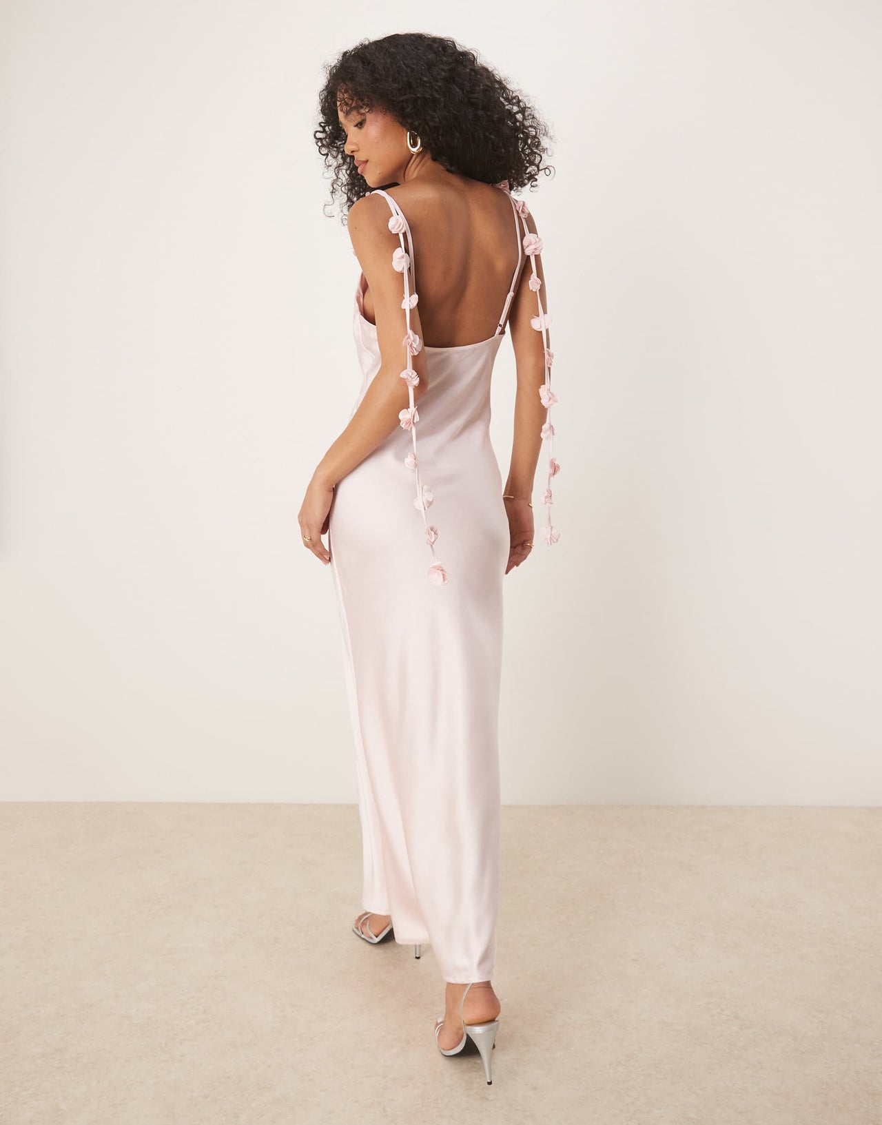 Gina Tricot midi satin cowl neck dress with 3D floral applique in light pink