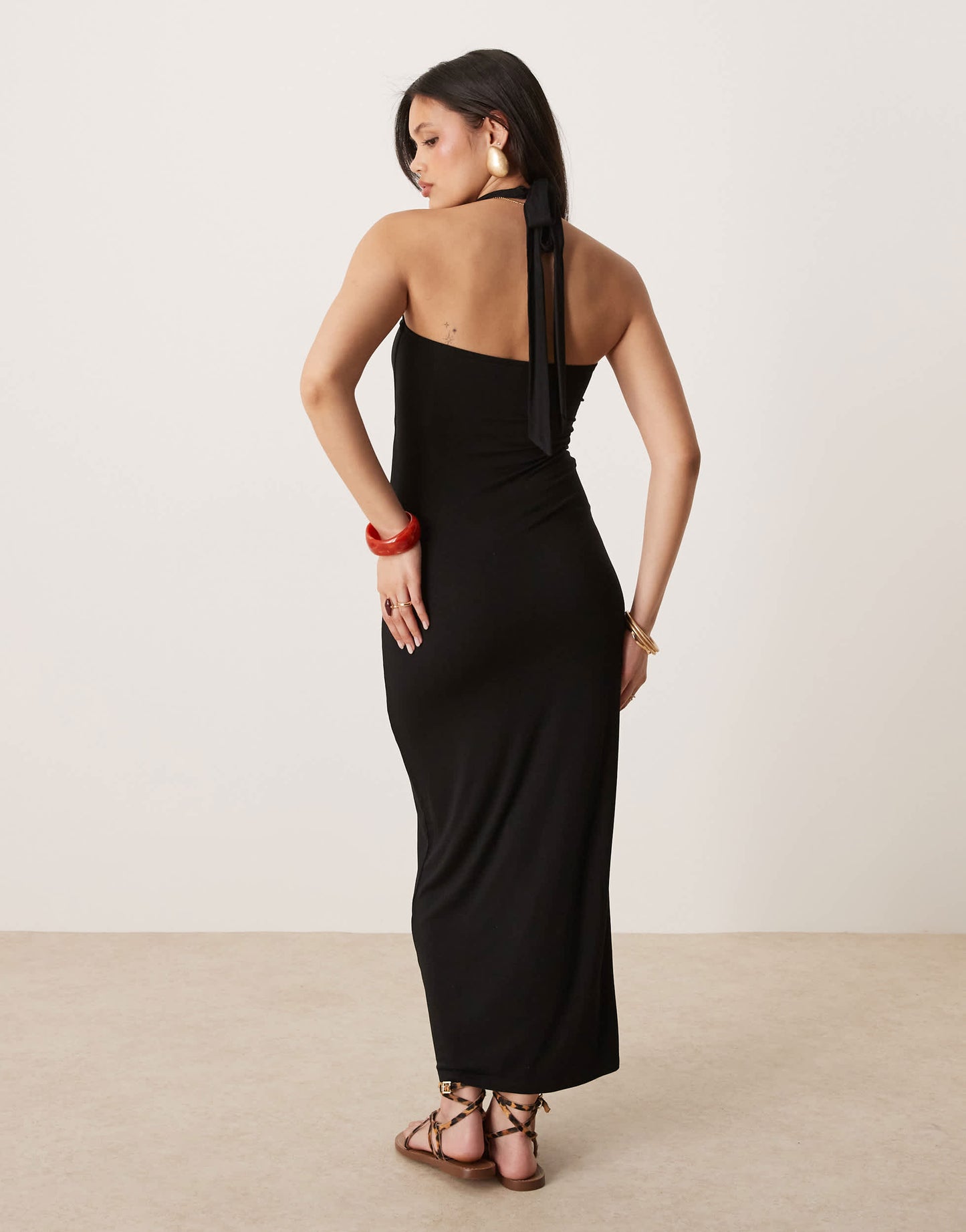 Gina Tricot tie up backless halterneck midaxi dress in black