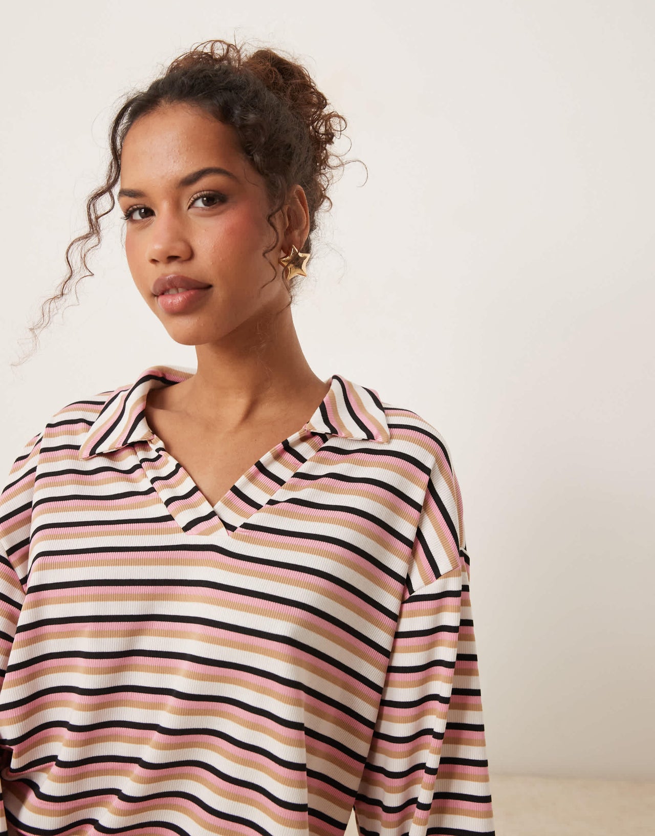 ASOS DESIGN long sleeve rugby collar top co-ord in pink stripe