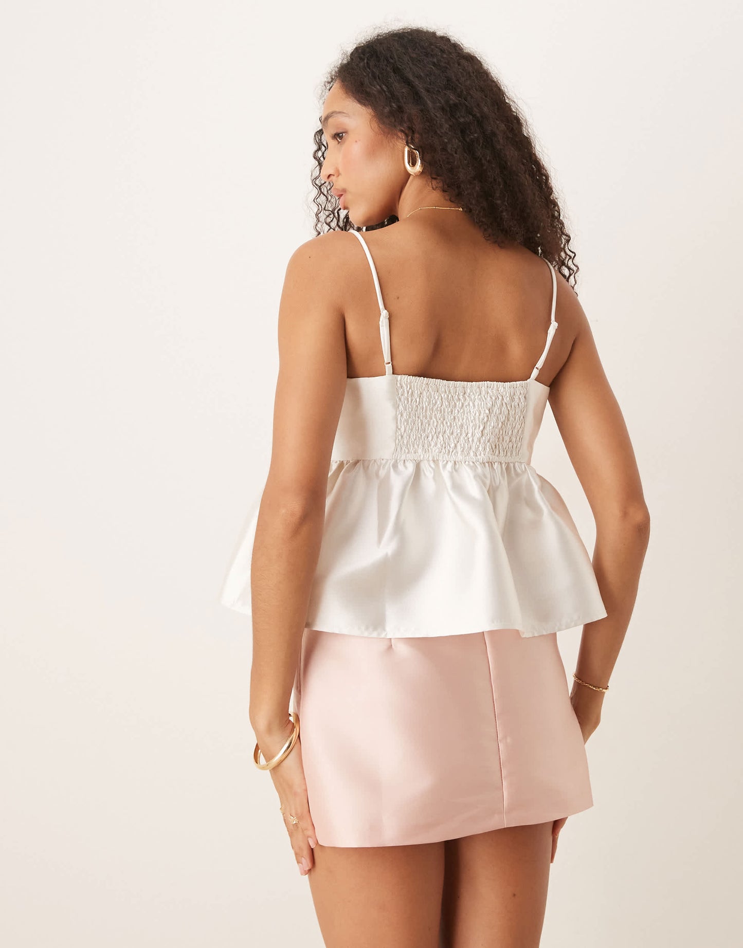 Gina Tricot satin volume peplum top in off white