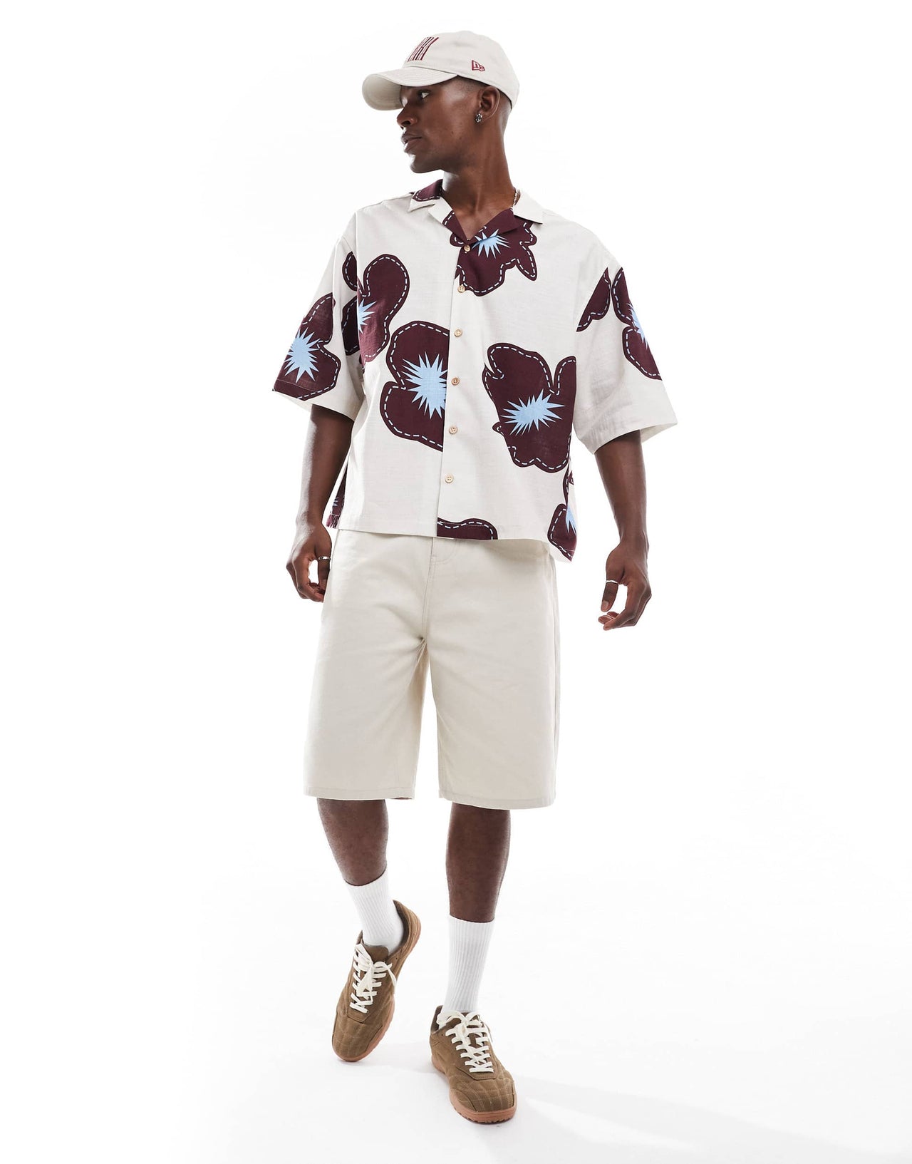 ASOS DESIGN oversized shirt with half sleeve in cream flower print