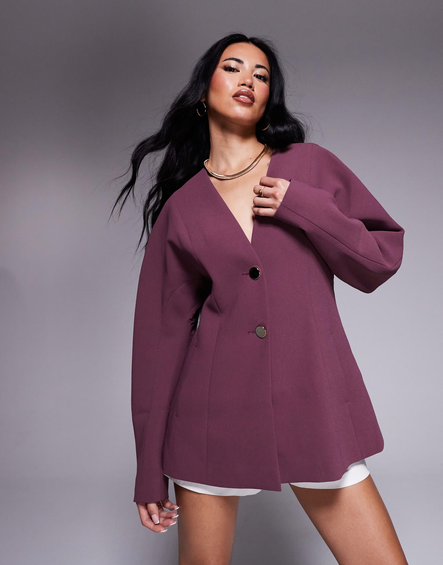 ASOS DESIGN collarless nipped waist blazer in plum