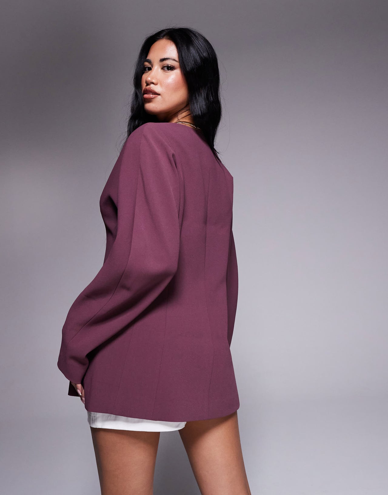 ASOS DESIGN collarless nipped waist blazer in plum