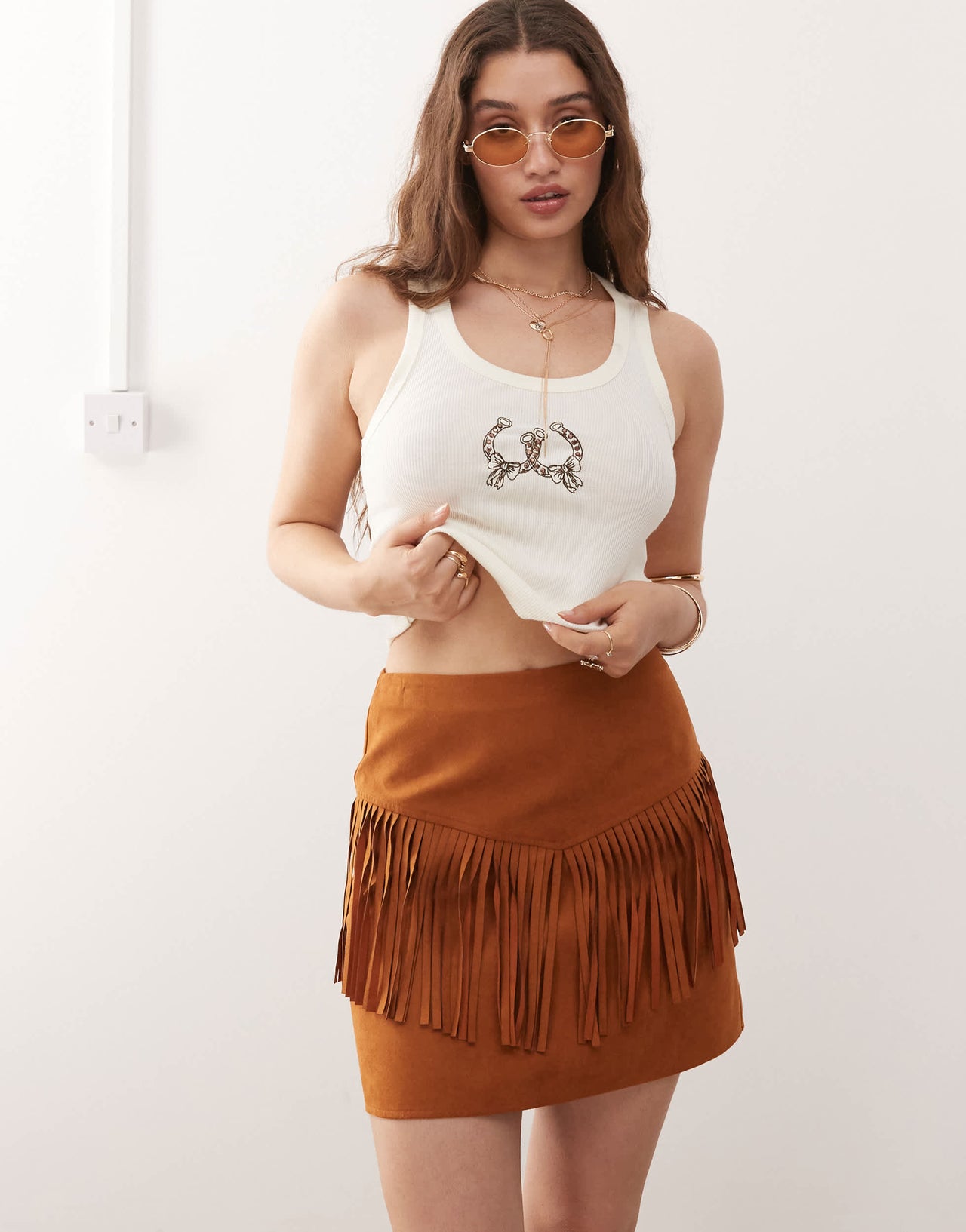 Miss Selfridge festival suedette mini skirt in tan