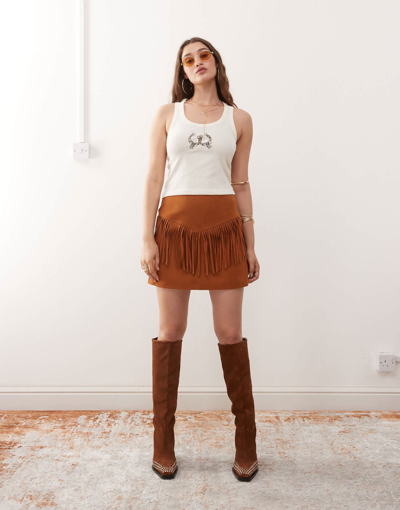 Miss Selfridge festival suedette mini skirt in tan