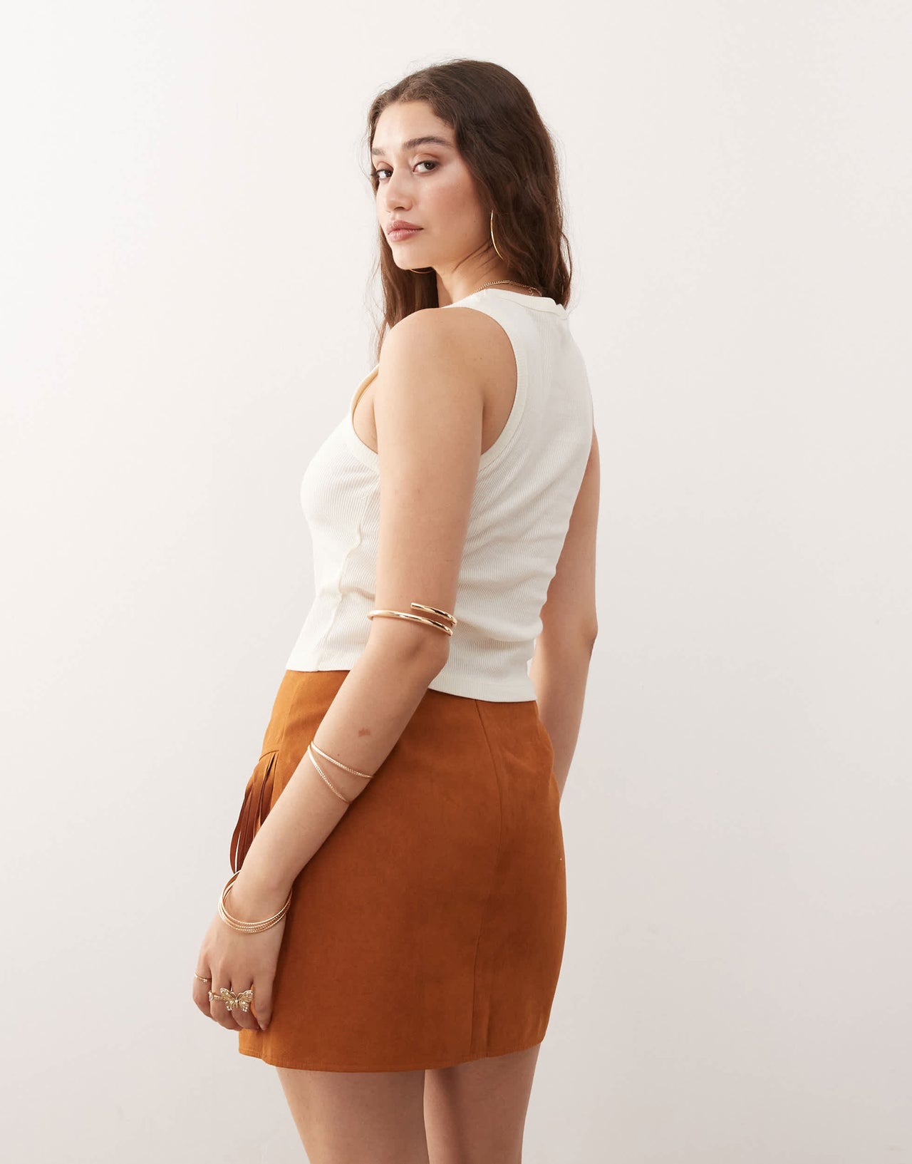Miss Selfridge festival suedette mini skirt in tan