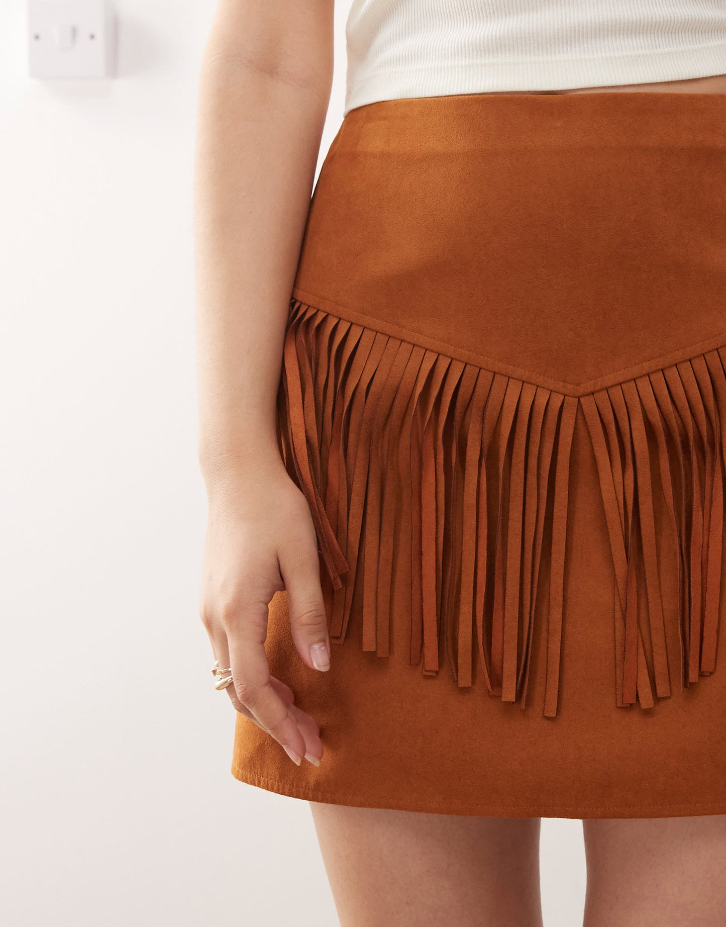 Miss Selfridge festival suedette mini skirt in tan