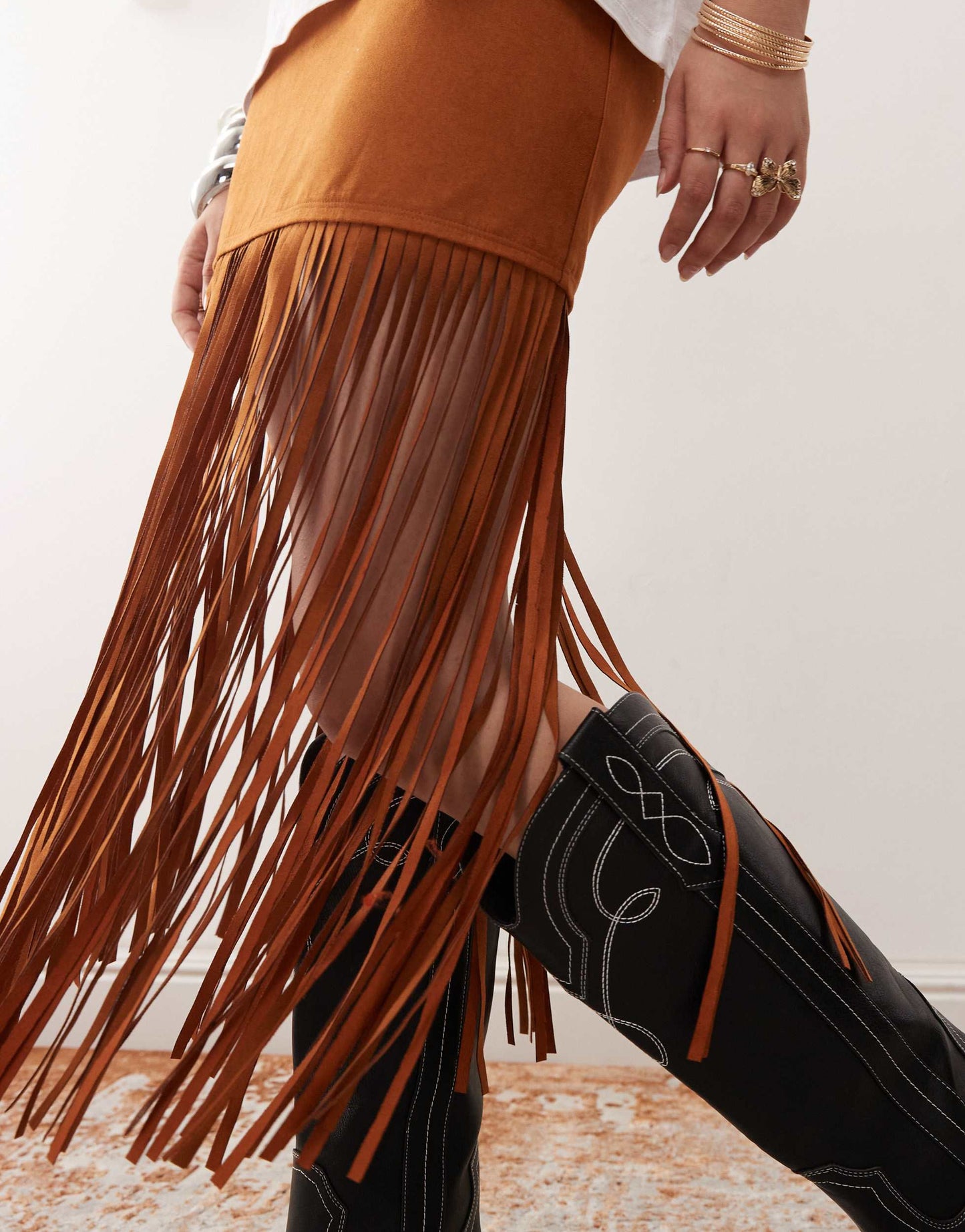 Miss Selfridge festival suedette fringe skirt in tan