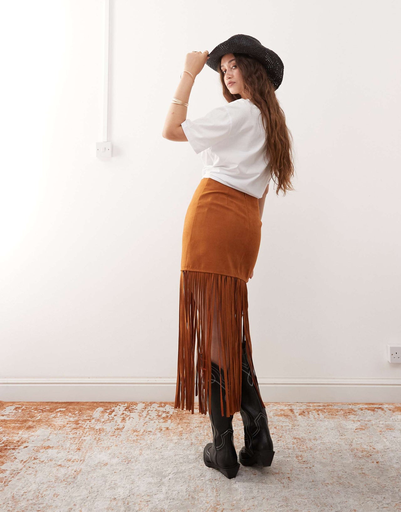 Miss Selfridge festival suedette fringe skirt in tan