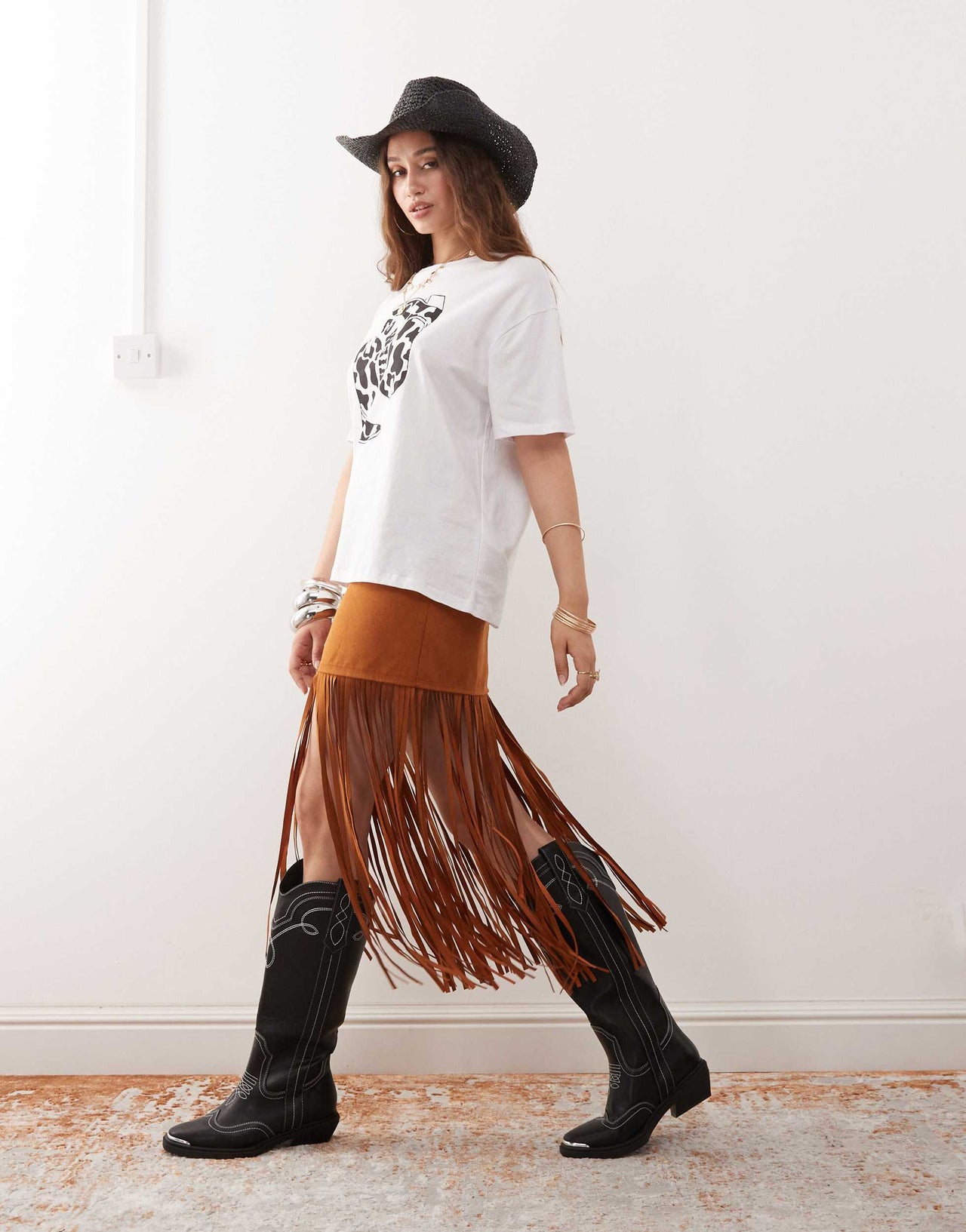 Miss Selfridge festival suedette fringe skirt in tan