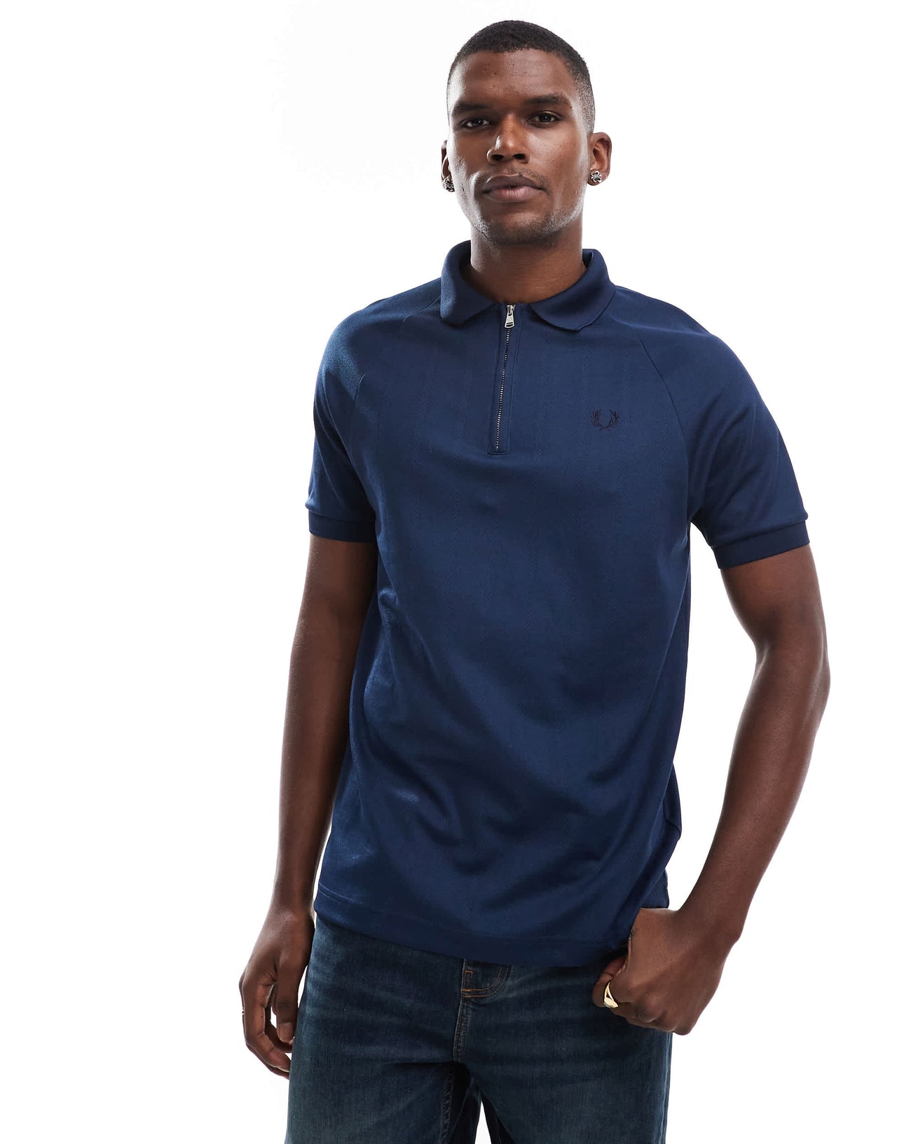 Fred Perry jacquard zip sporty polo shirt in blue