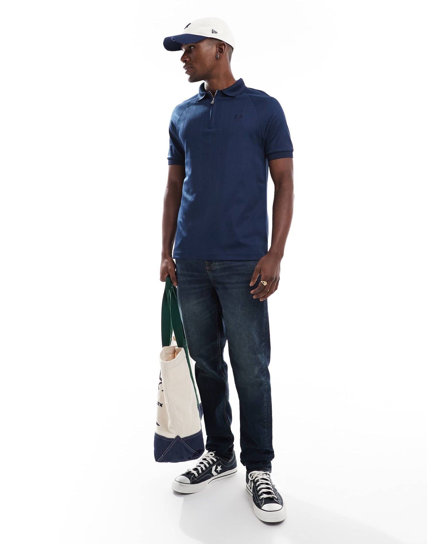 Fred Perry jacquard zip sporty polo shirt in blue