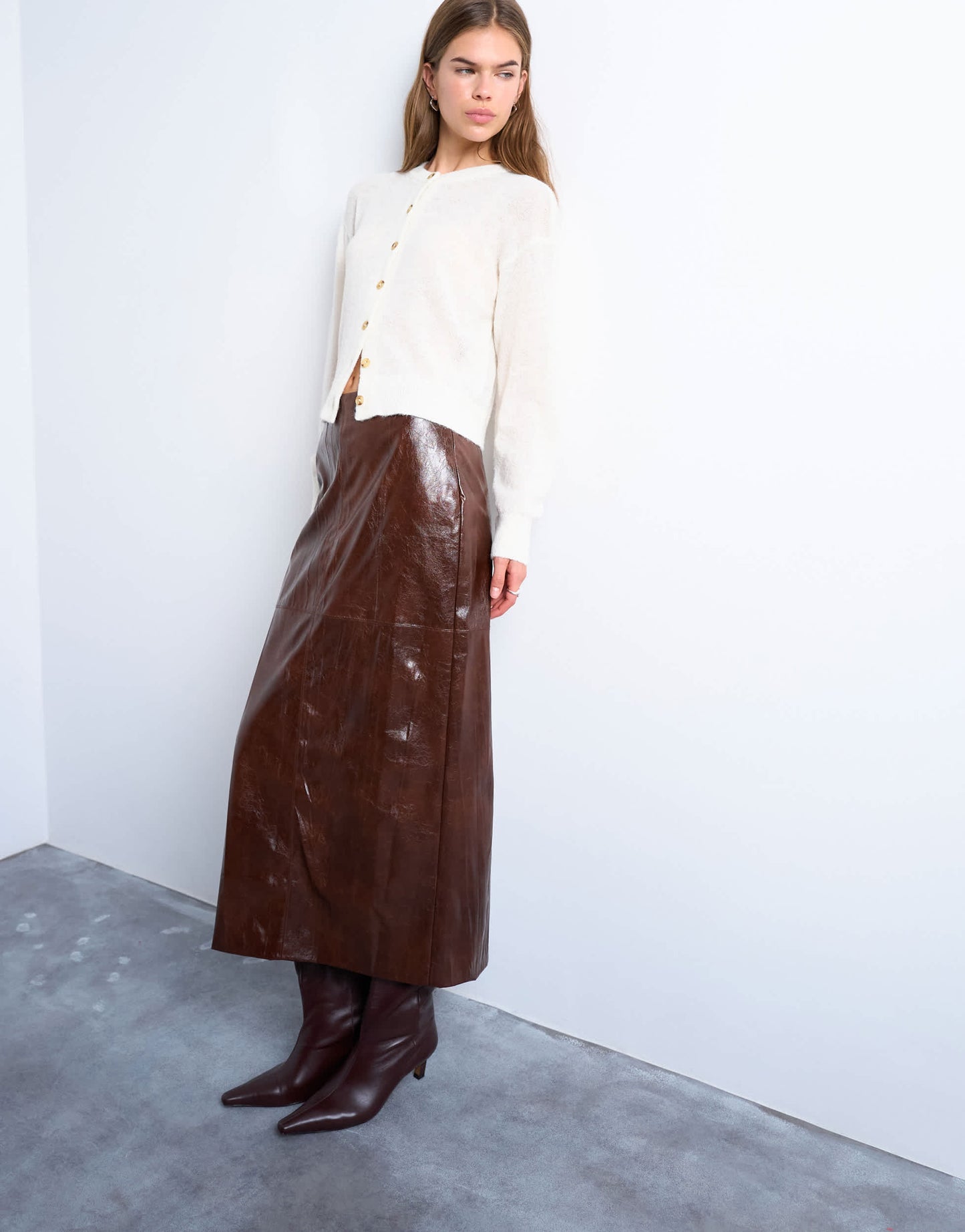 Topshop faux leather high shine midi skirt in brown