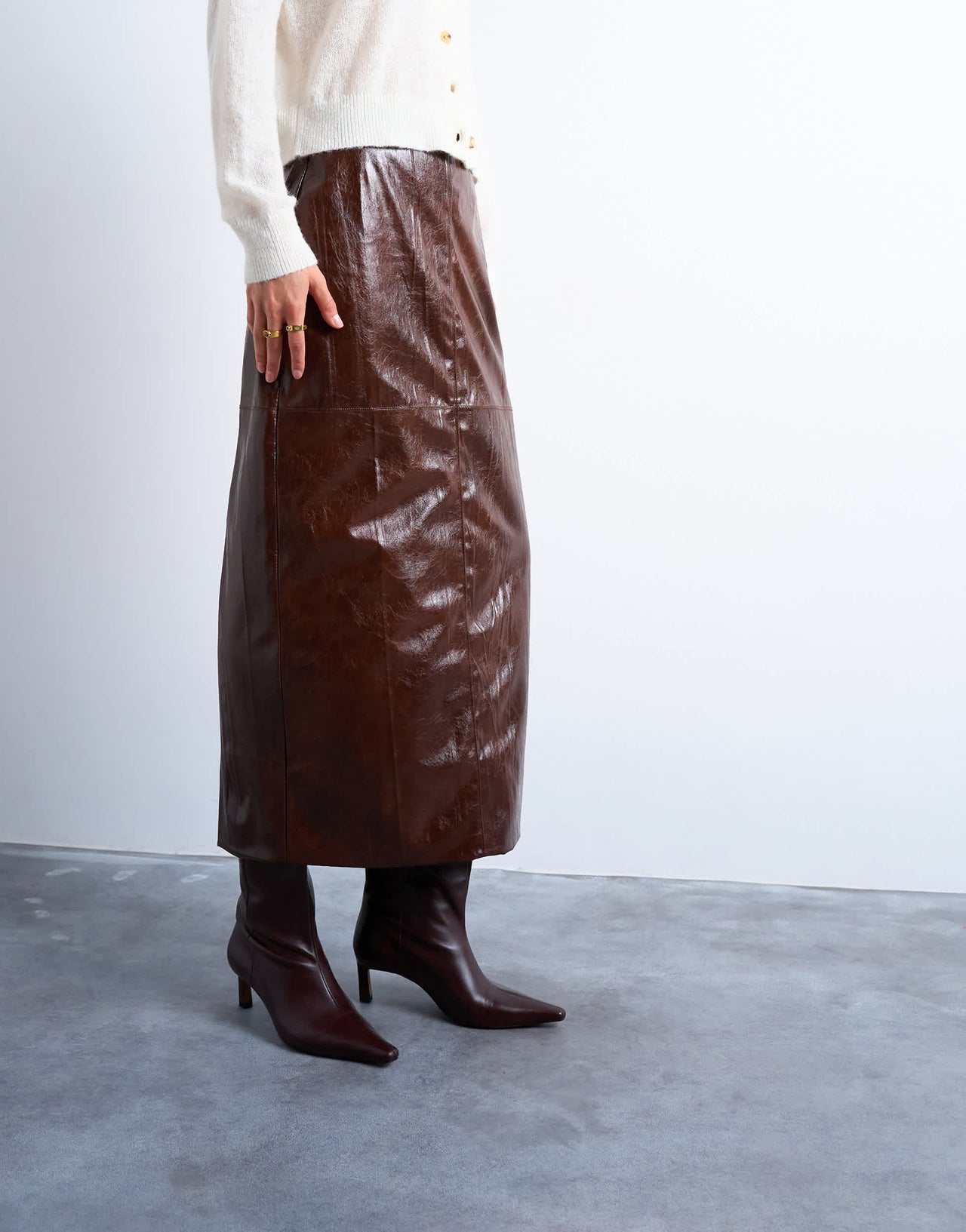 Topshop faux leather high shine midi skirt in brown