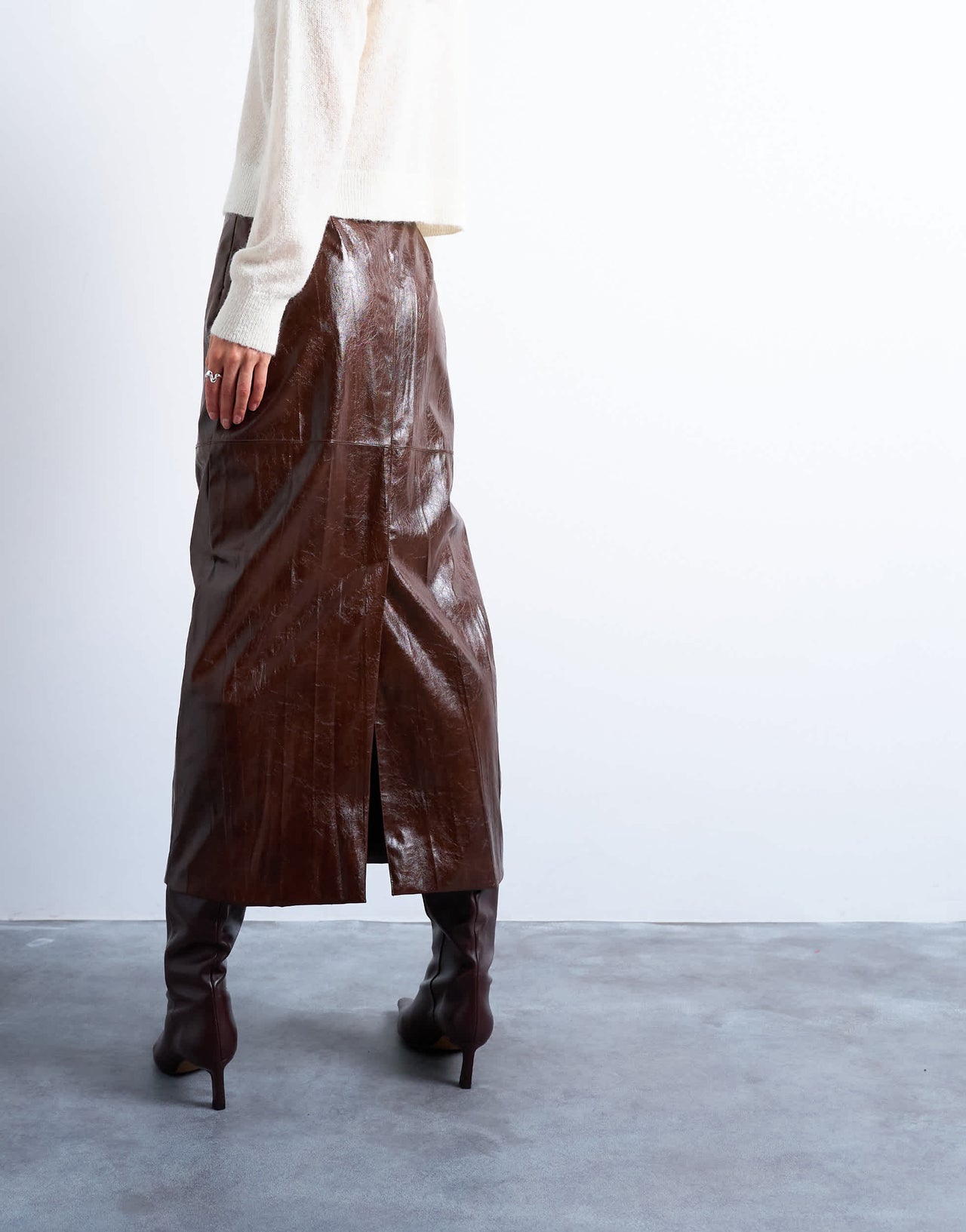 Topshop faux leather high shine midi skirt in brown