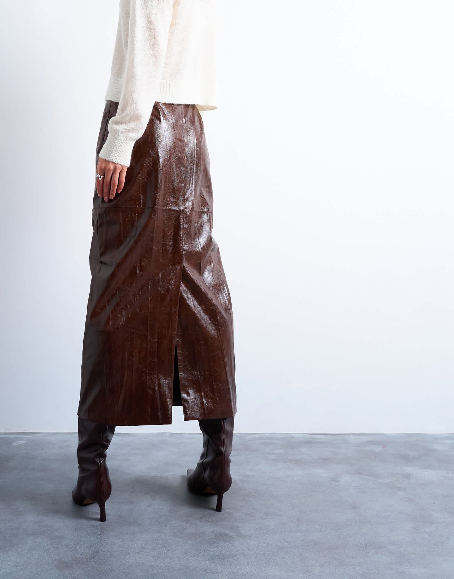 Topshop faux leather high shine midi skirt in brown