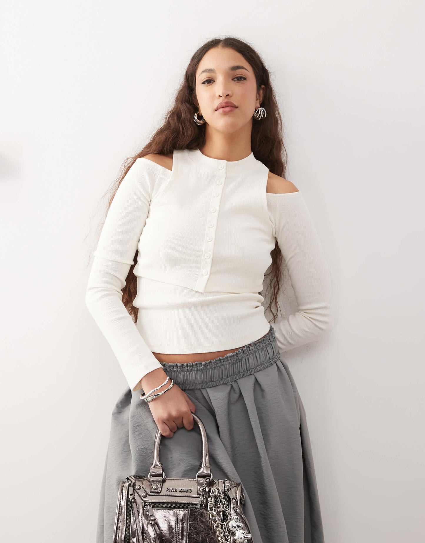 ASOS DESIGN button through double layer cut out top in ecru