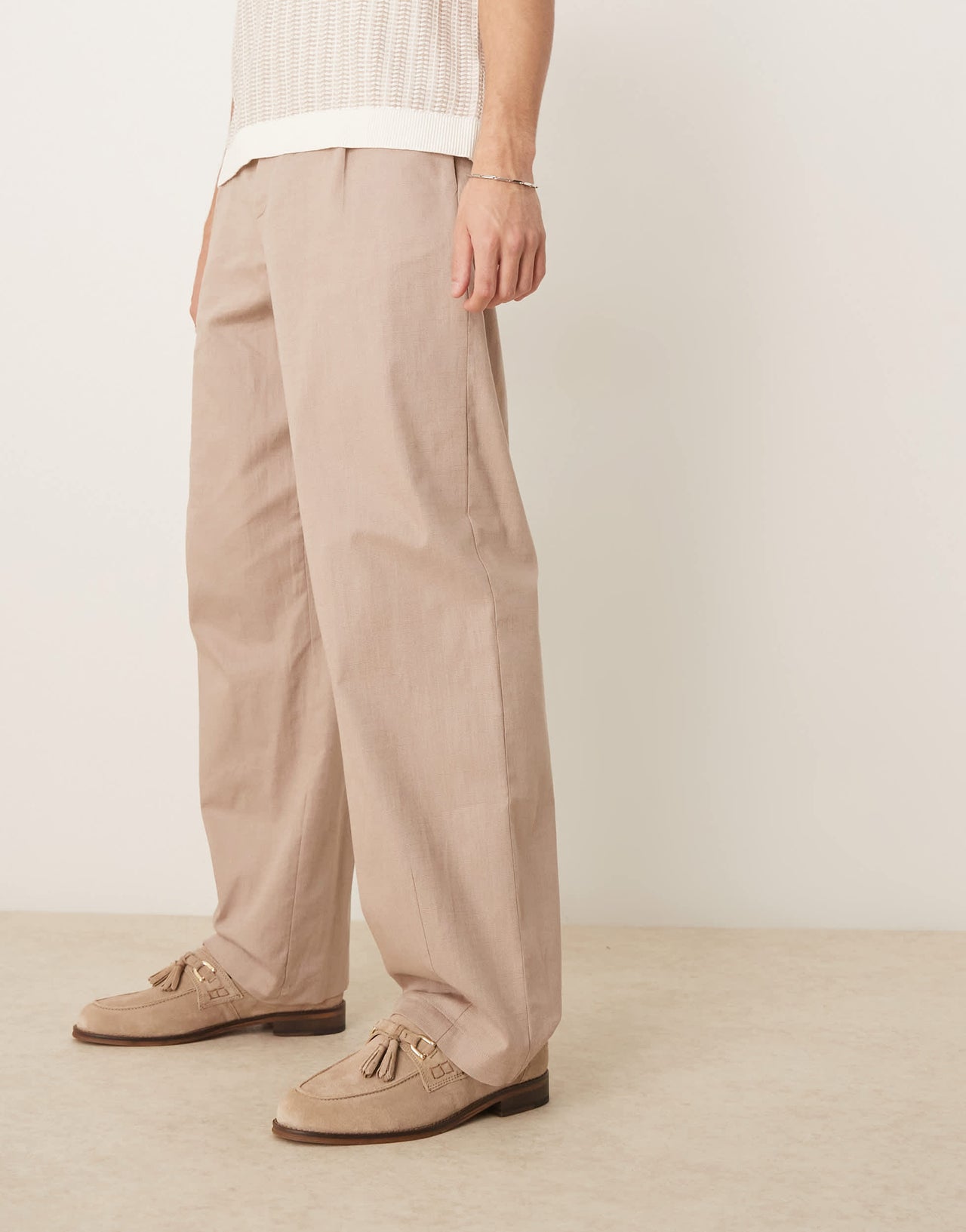 ASOS DESIGN wide darted linen trousers in beige
