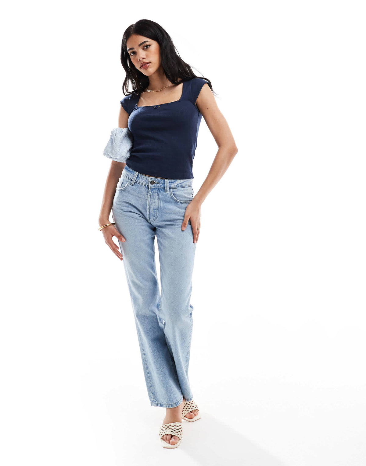 Hollister square neck pointelle t-shirt in navy