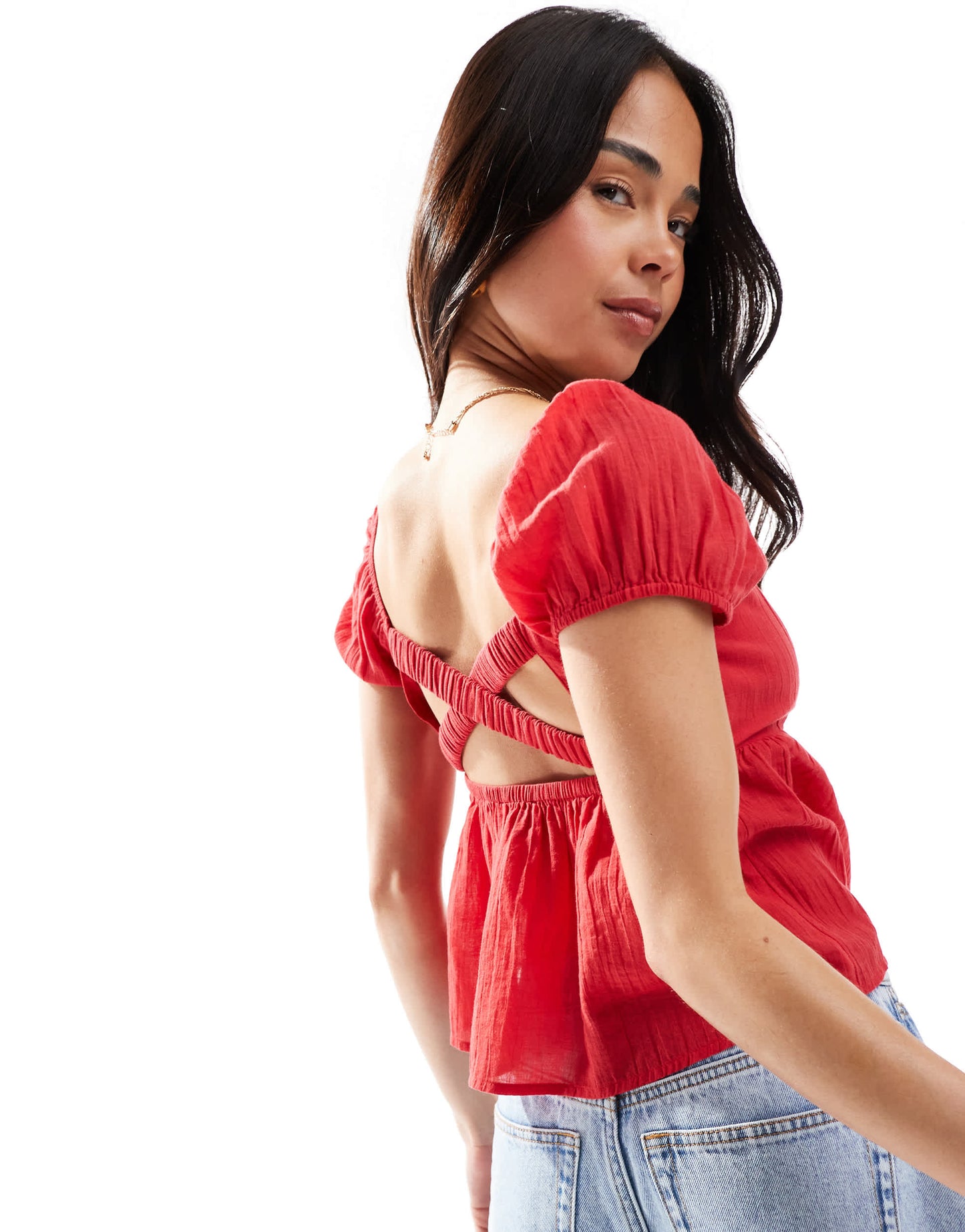 Hollister babydoll puff sleeve open back top in ribbon red