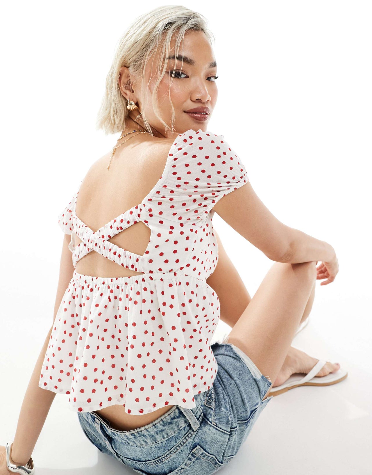 Hollister babydoll puff sleeve open back top in red and white polka dot