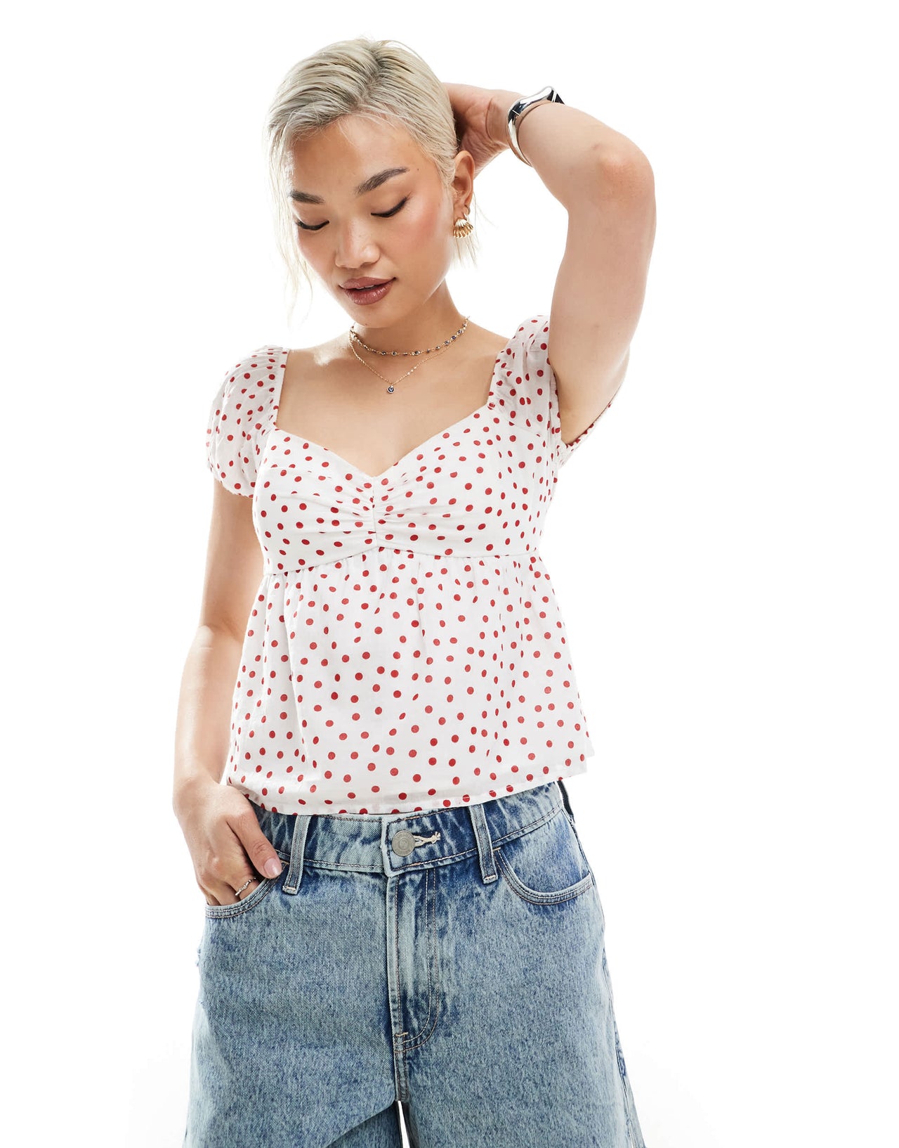 Hollister babydoll puff sleeve open back top in red and white polka dot