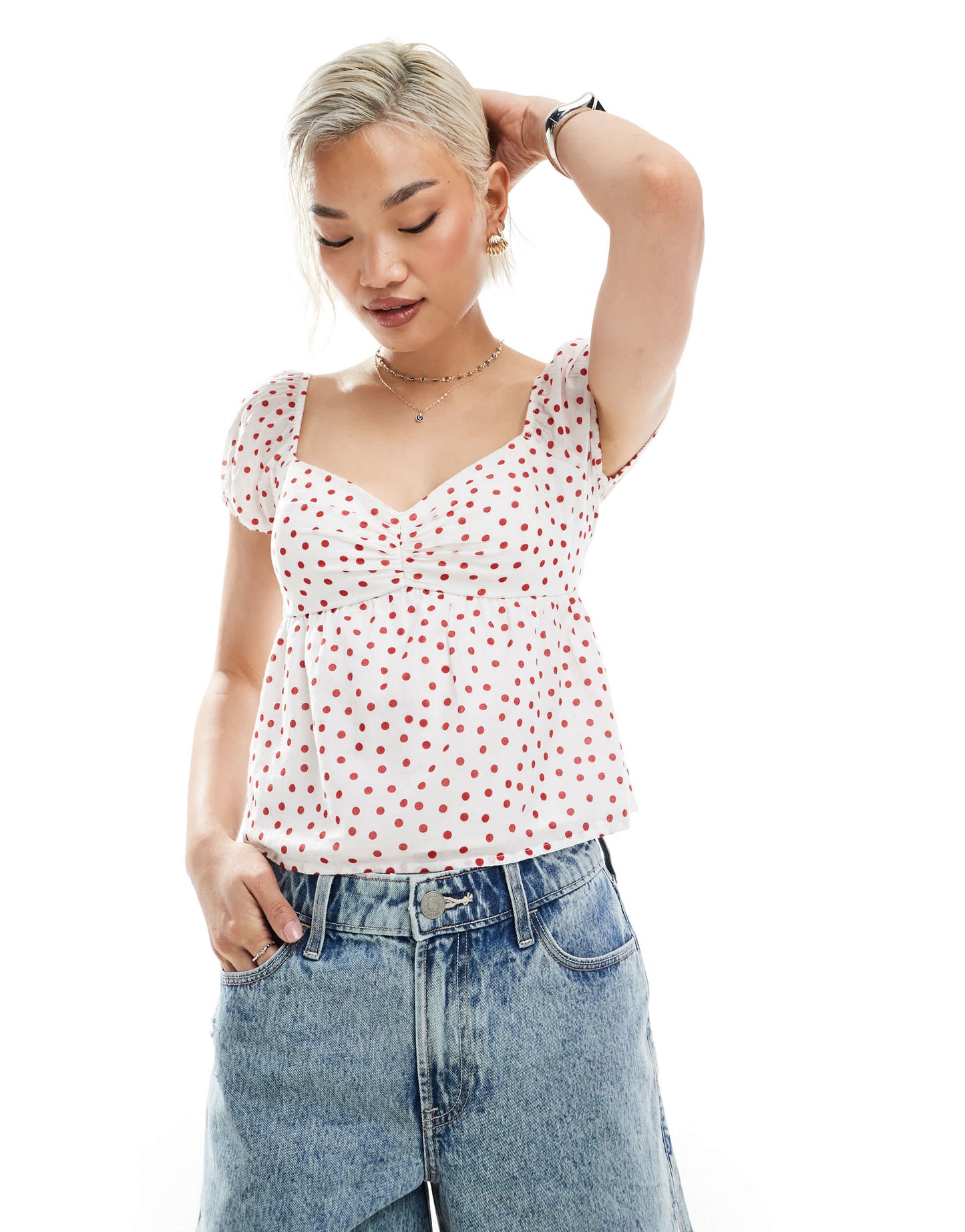 Hollister babydoll puff sleeve open back top in red and white polka dot