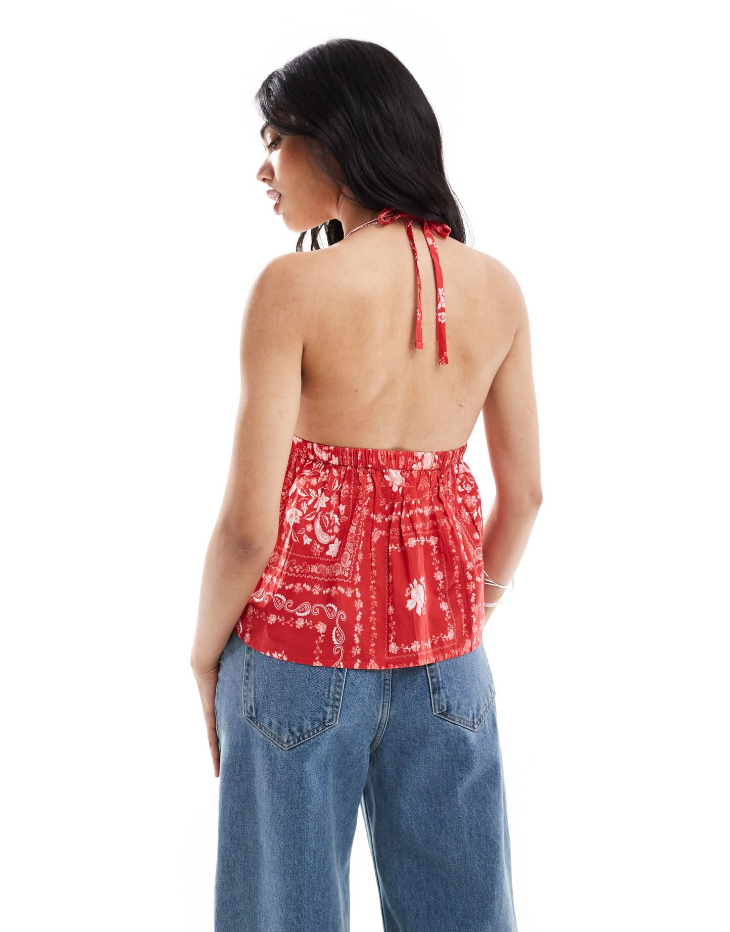 Hollister halterneck open back sleeveless top in red scarf print