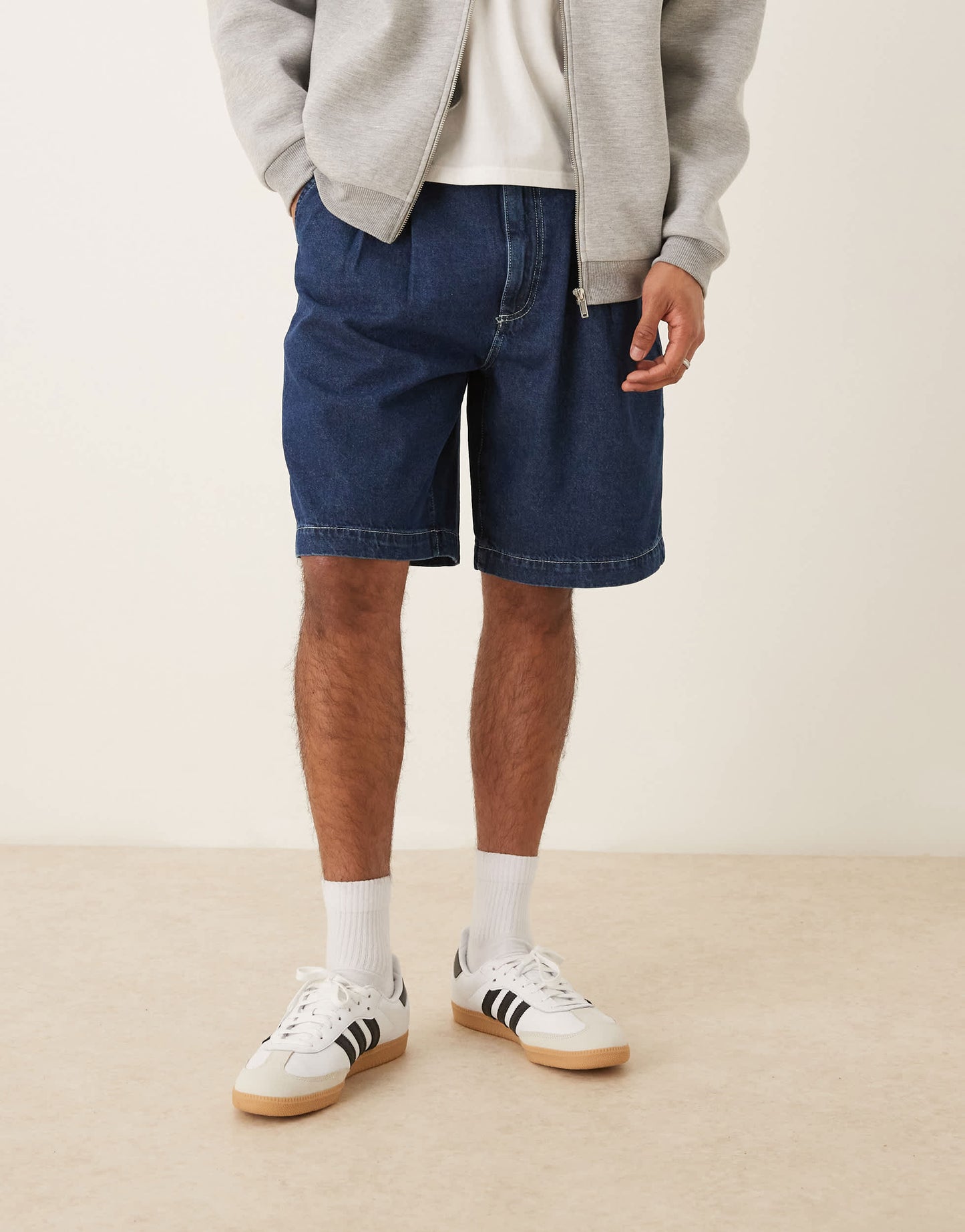 ASOS DESIGN mid length wide denim shorts with pleat in dark wash blue