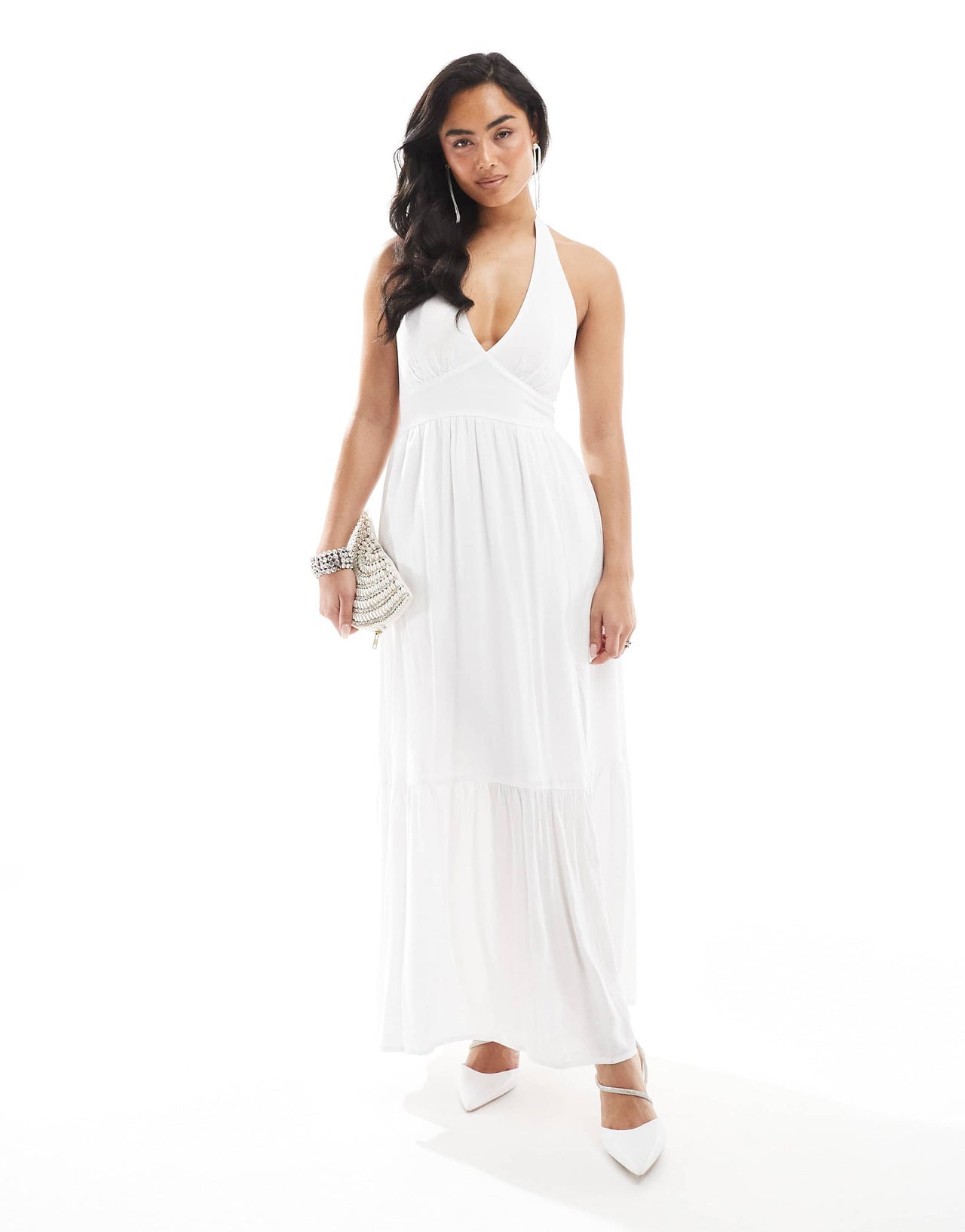 Hollister halterneck maxi dress with a slit in white