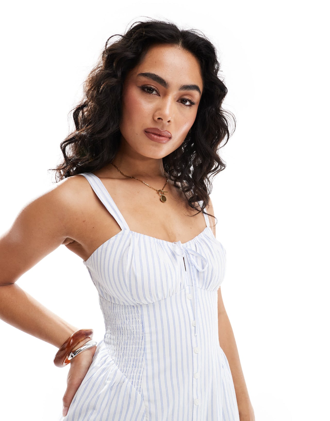 Hollister milkmaid drop waist button detail sleeveless mini dress in blue stripe