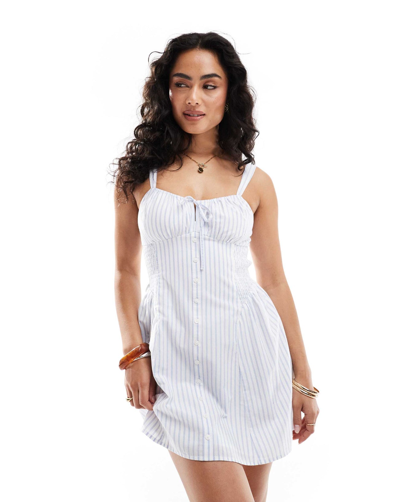 Hollister milkmaid drop waist button detail sleeveless mini dress in blue stripe