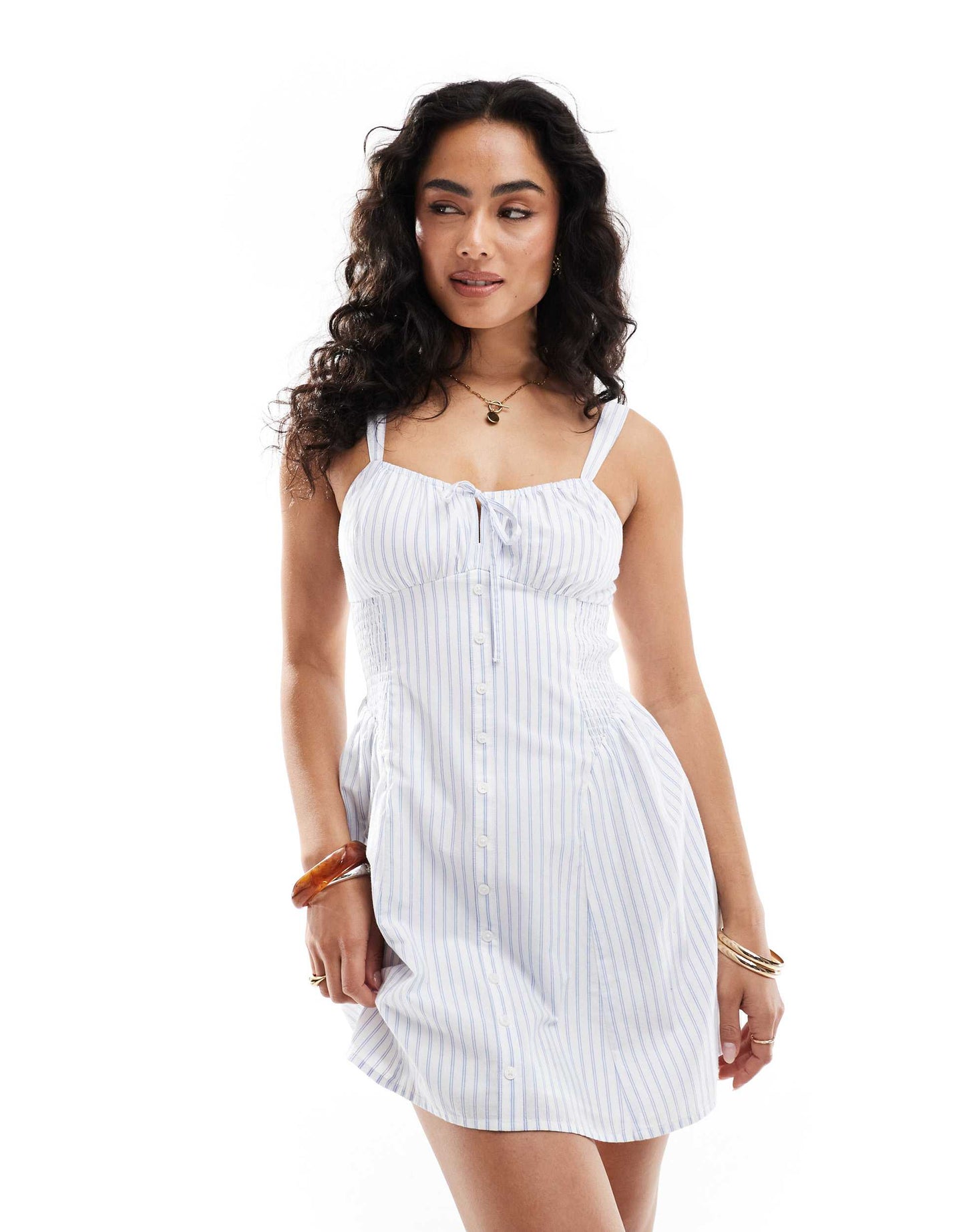 Hollister milkmaid drop waist button detail sleeveless mini dress in blue stripe