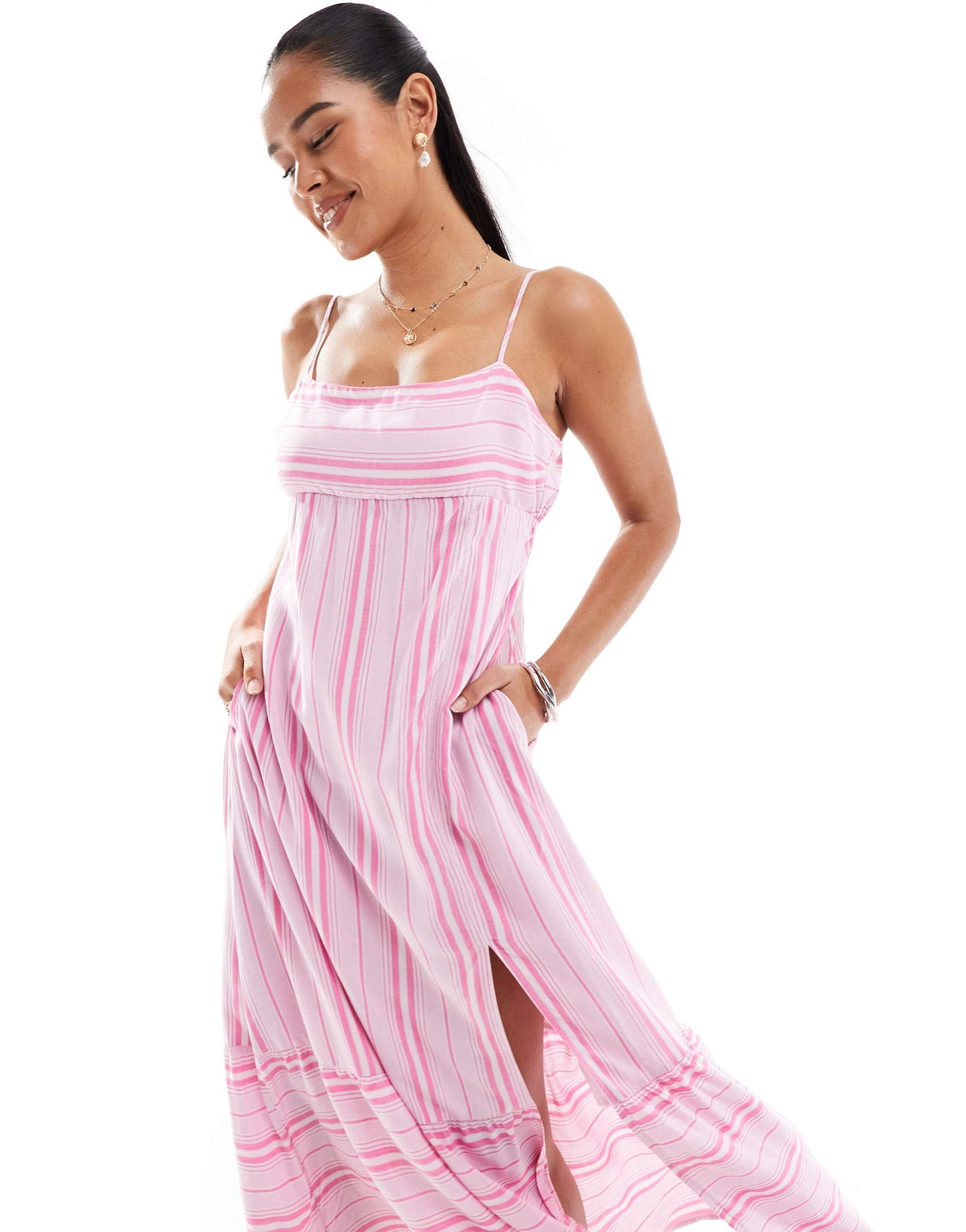 Hollister babydoll maxi dress in pink stripe